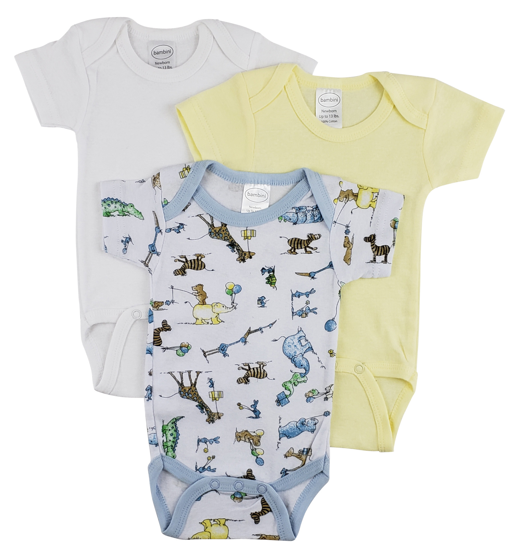 Bambini Short Sleeve One Piece 3 Pack featuring soft cotton fabric, expandable neckline, and front snap closure for easy dressing.