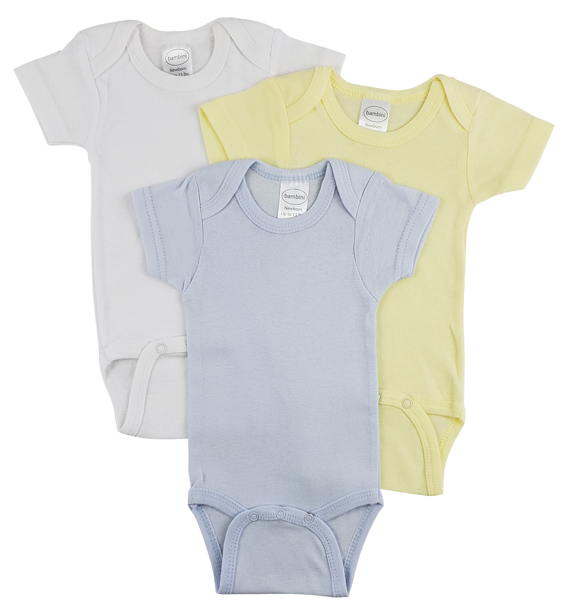 Bambini Short Sleeve One Piece 3 Pack featuring soft white cotton fabric, expandable neckline, and front snap closure for easy dressing.