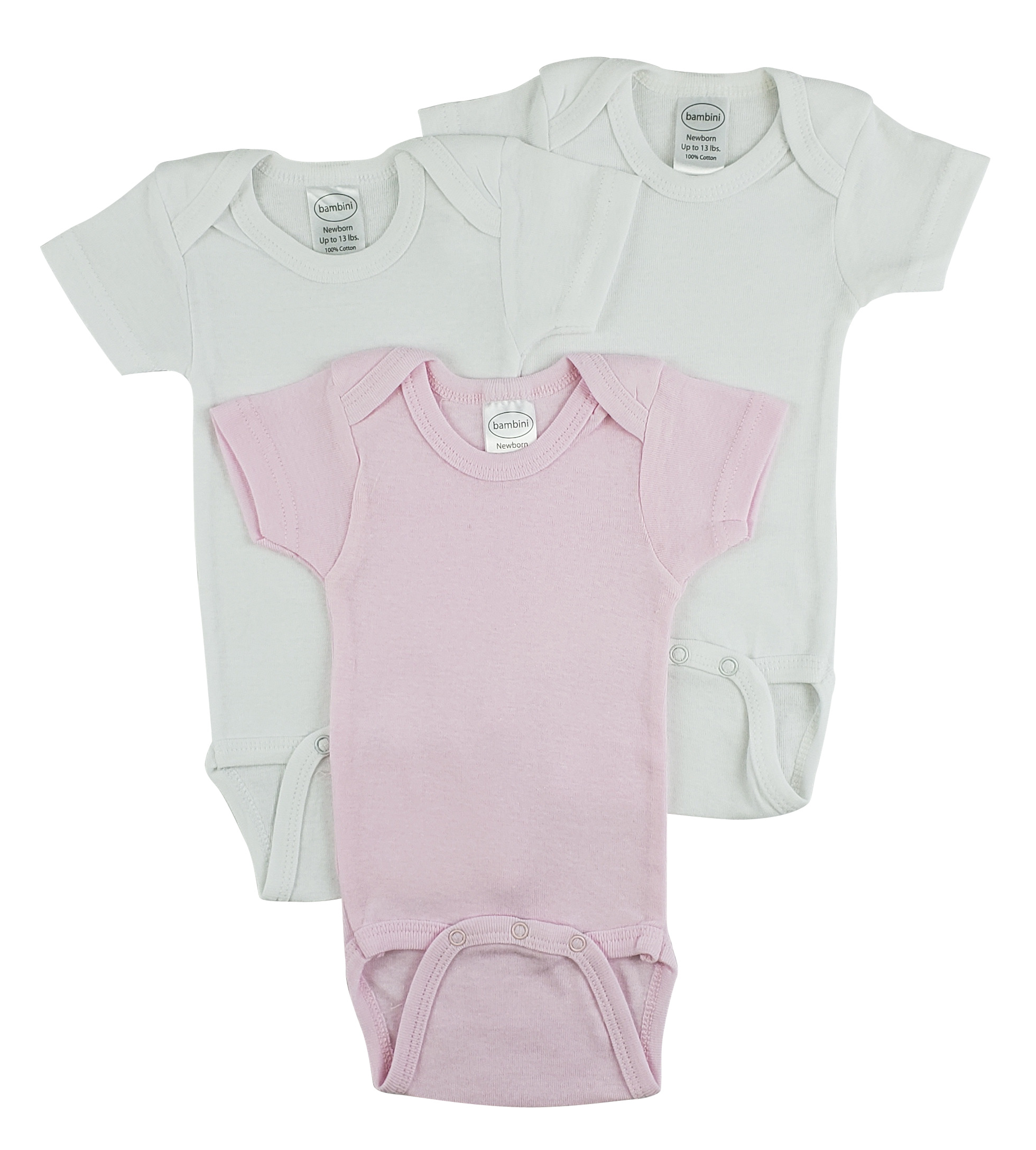 Bambini Short Sleeve One Piece 3 Pack featuring soft cotton fabric, expandable neckline, and convenient snap closure in white.