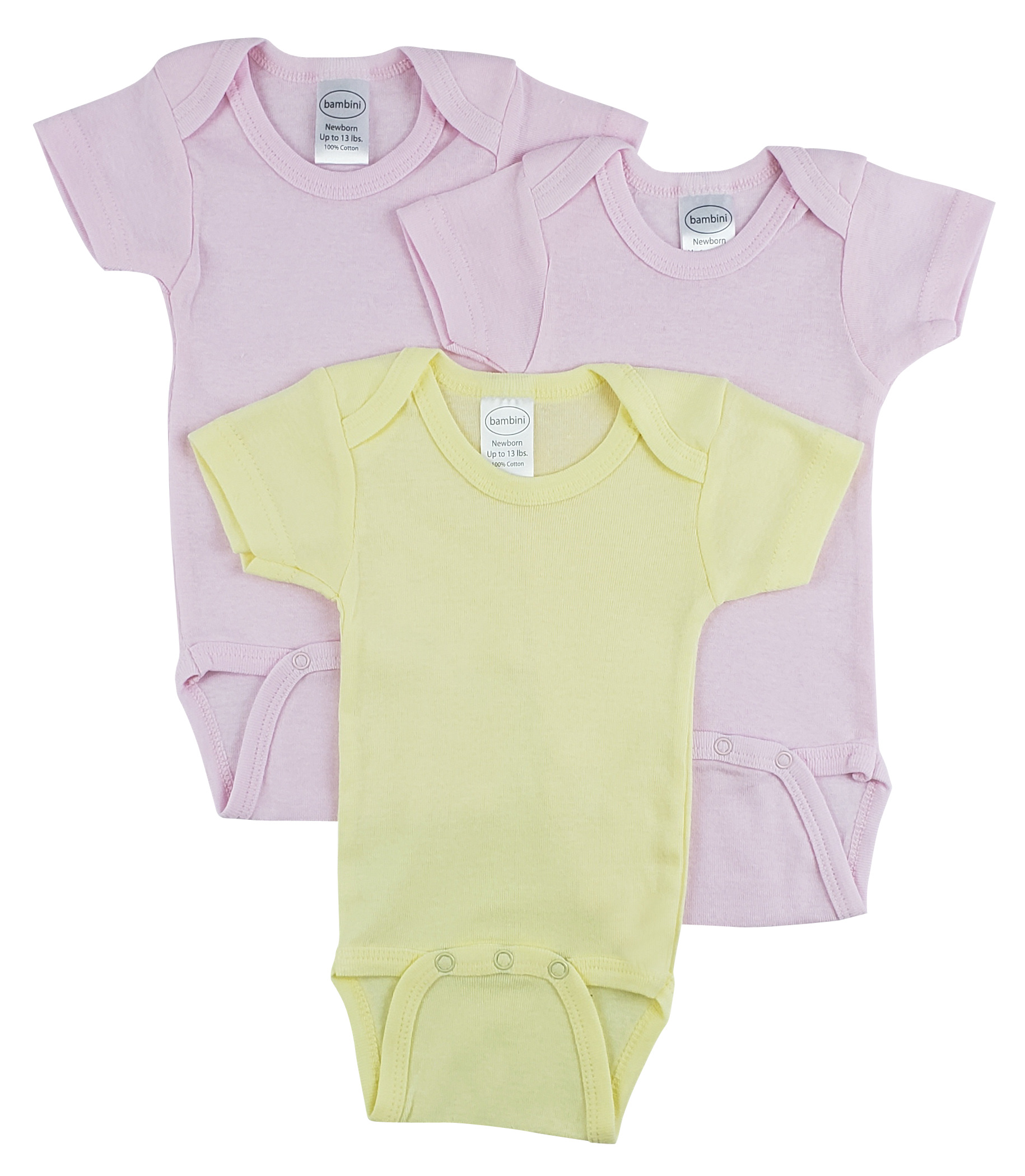 Bambini Short Sleeve One Piece 3 Pack featuring soft white cotton fabric, expandable neckline, and front snap closure for easy dressing.