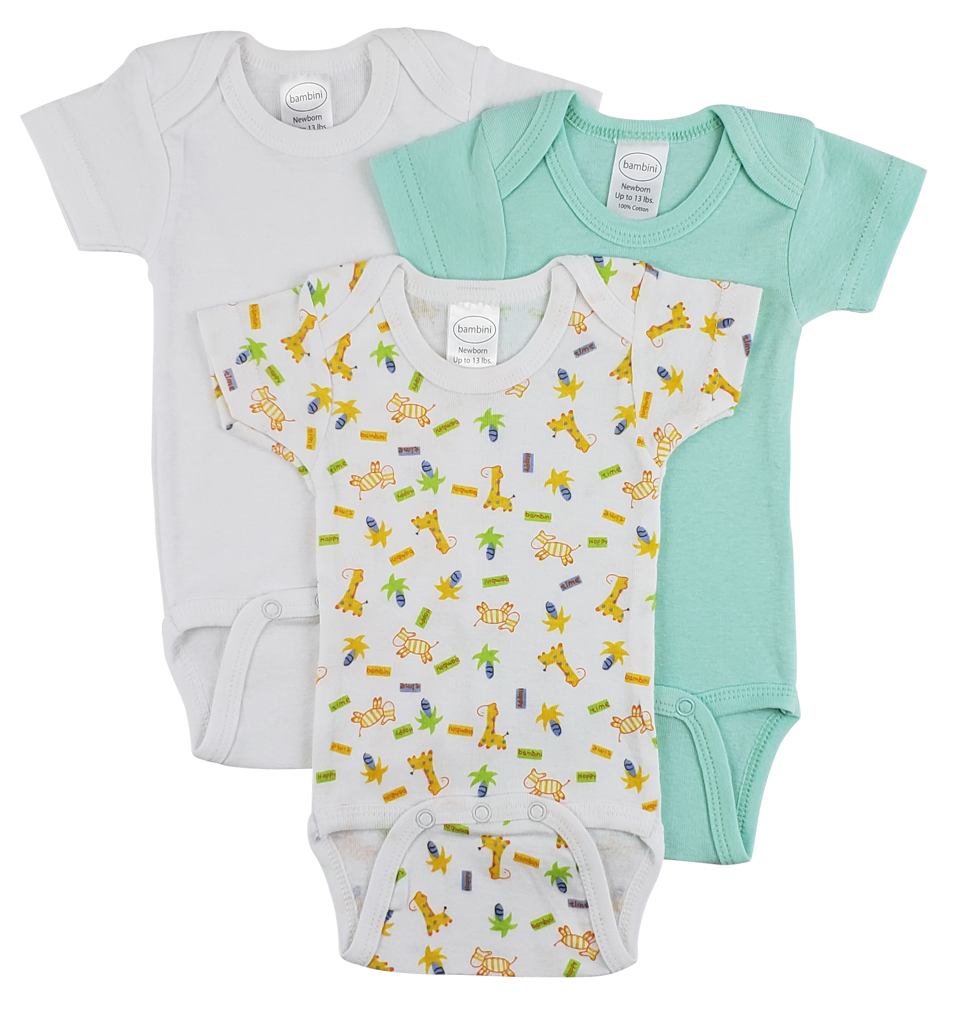 Bambini Short Sleeve One Piece 3 Pack featuring soft cotton fabric, expandable neckline, and front snap closure for easy dressing.