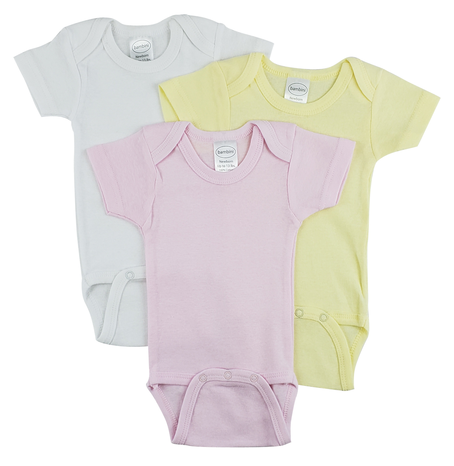 Bambini Short Sleeve One Piece 3 Pack featuring soft cotton fabric, expandable neckline, and front snap closure for easy dressing.