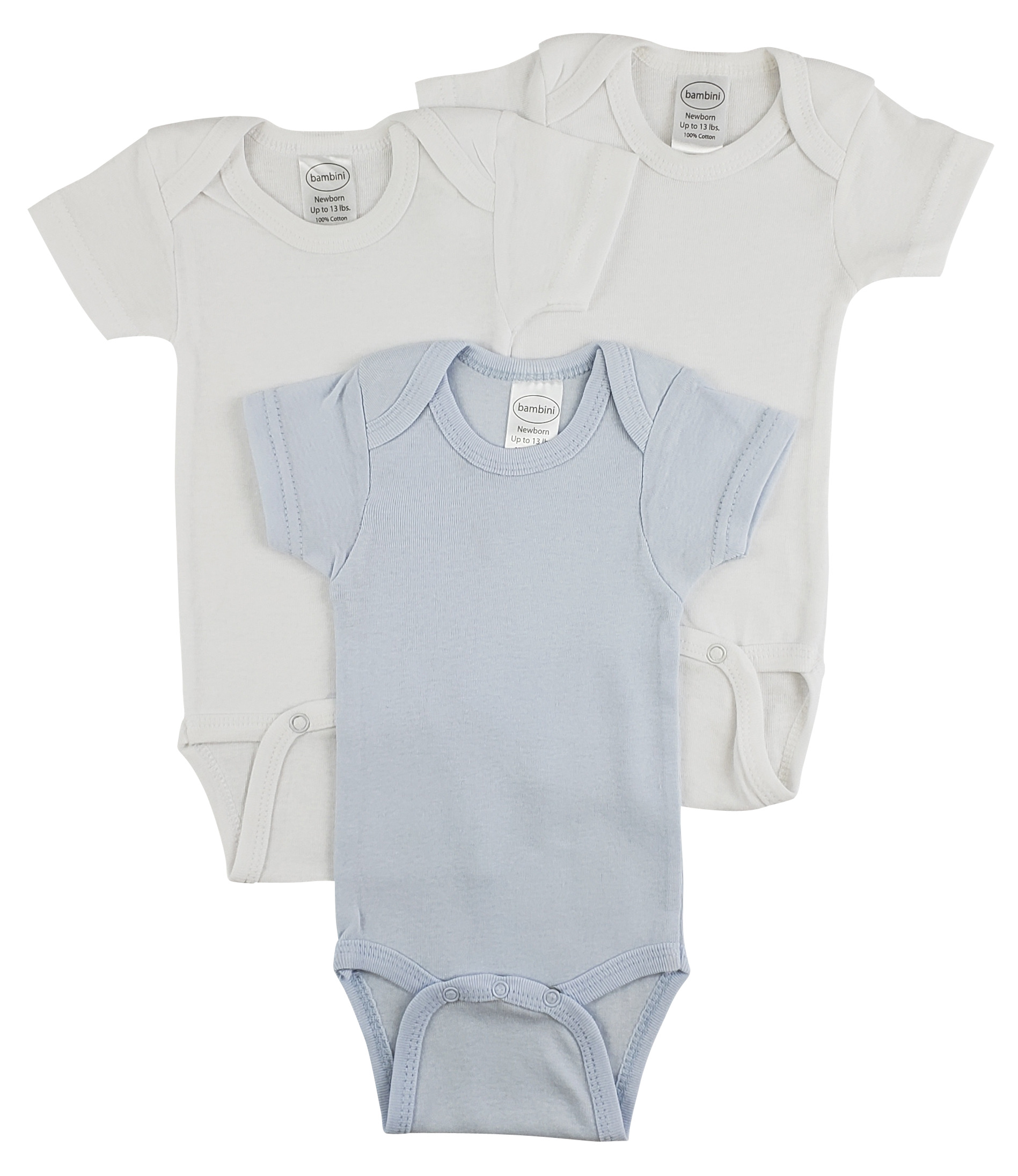 Bambini Short Sleeve One Piece 3 Pack featuring soft cotton fabric, expandable neckline, and convenient snap closure for easy dressing.