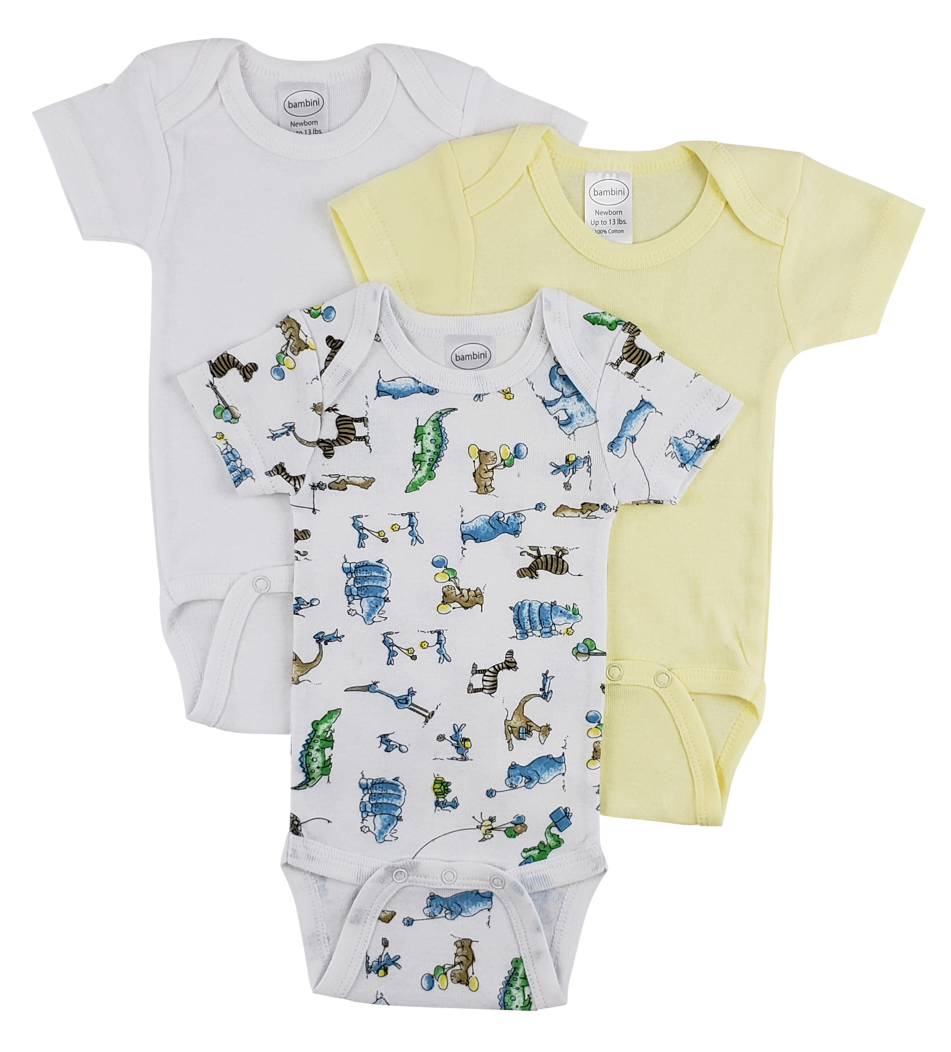 Bambini Short Sleeve One Piece 3 Pack featuring soft white cotton fabric, expandable neckline, and front snap closure for easy dressing.