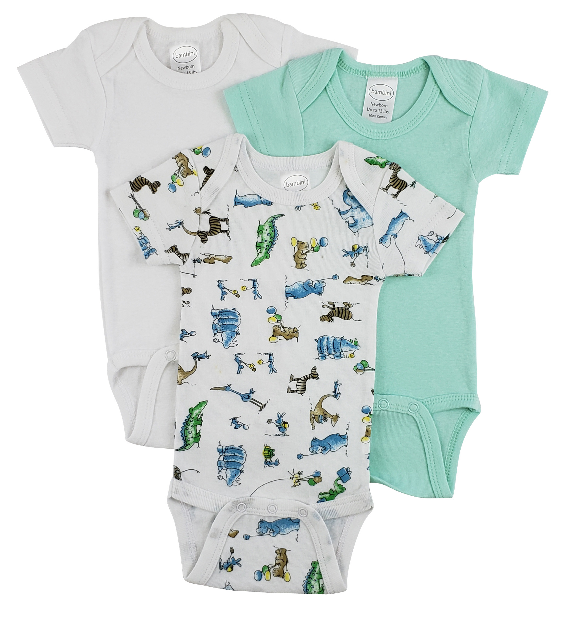 Bambini Short Sleeve One Piece 3 Pack featuring soft cotton fabric, expandable neckline, and front snap closure for easy dressing.