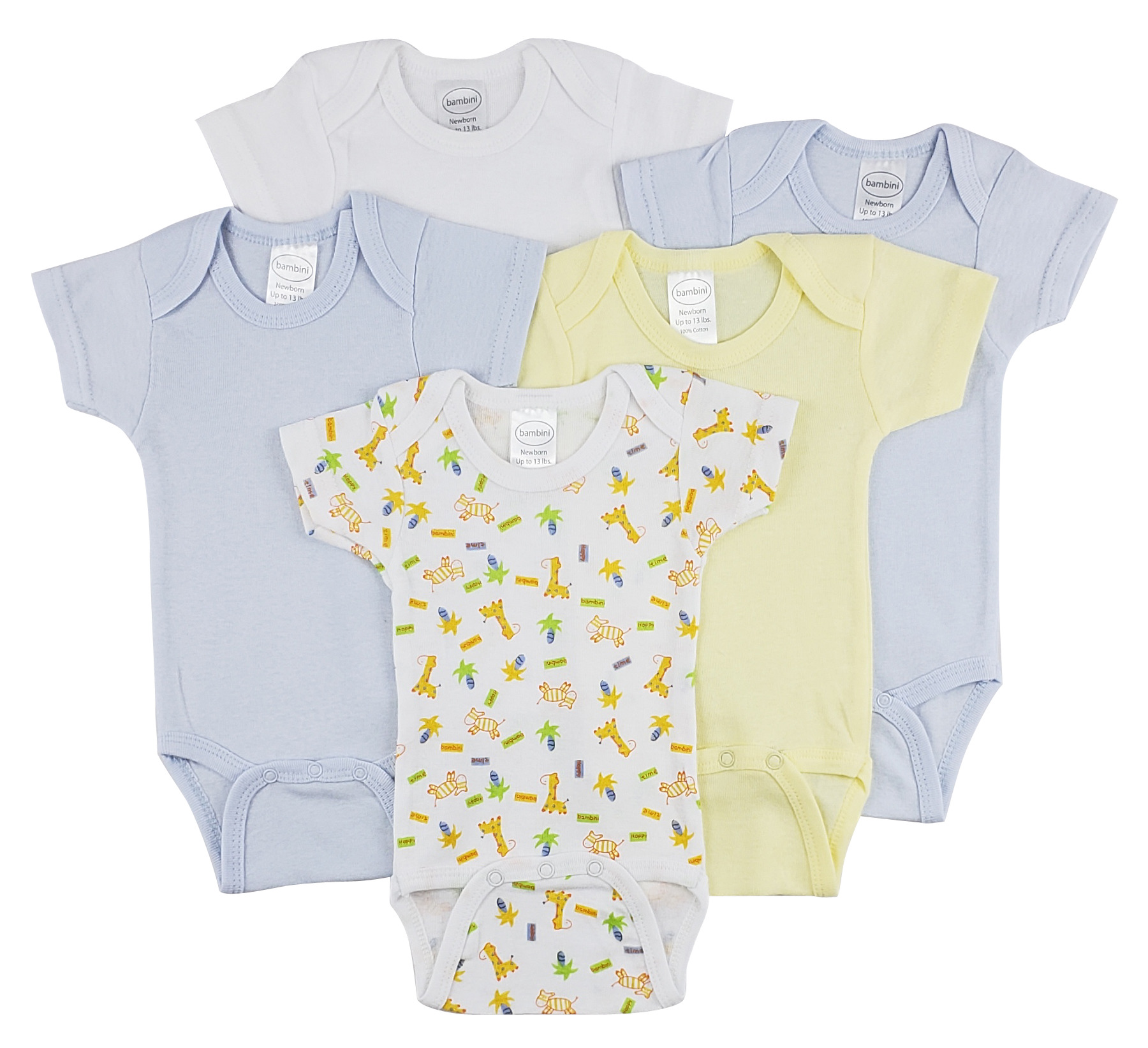 Bambini Short Sleeve One Piece 5 Pack featuring soft cotton fabric, expandable neckline, and front snap closure for easy dressing.