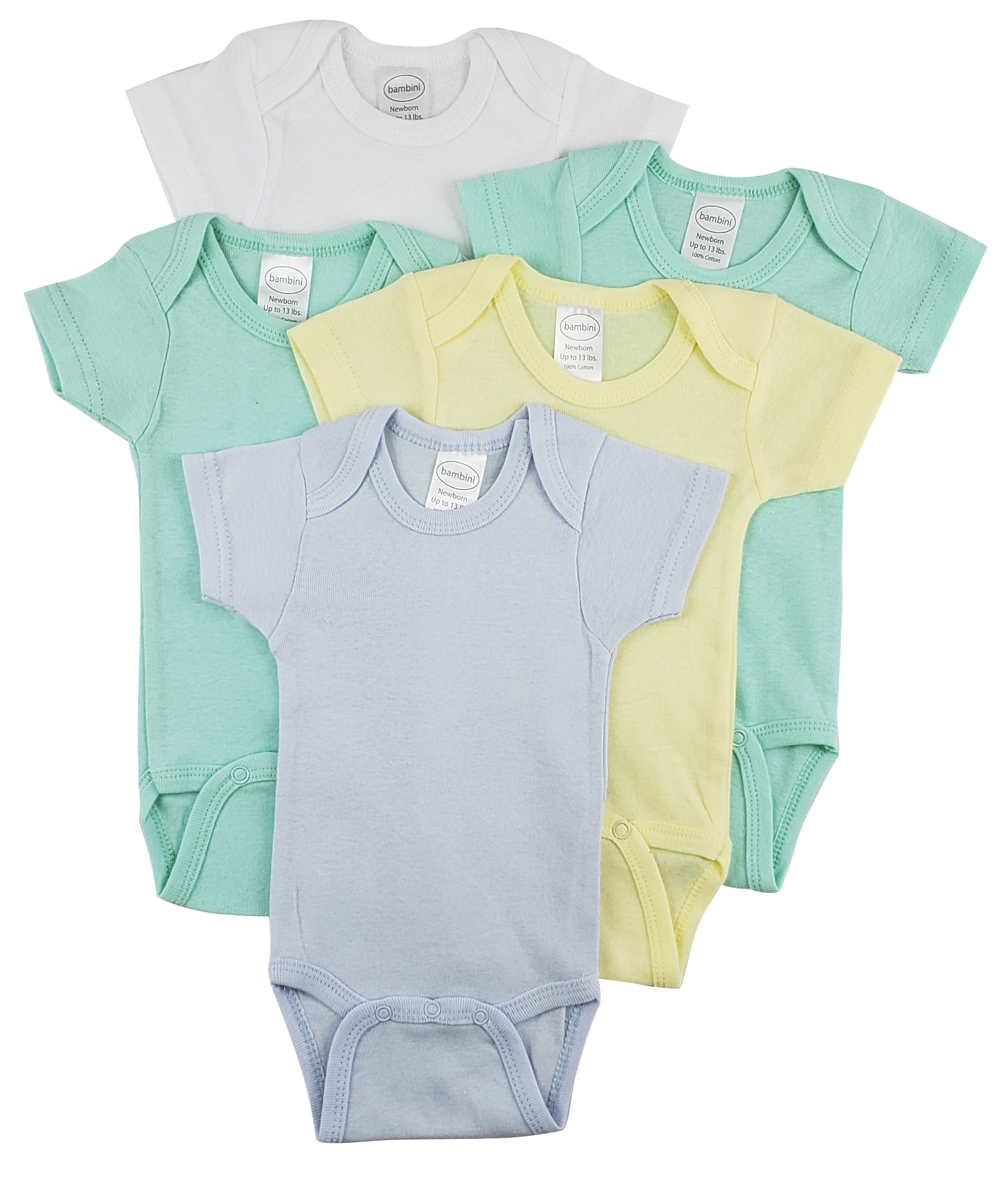 Bambini Short Sleeve One Piece 5 Pack featuring soft cotton fabric, expandable neckline, and front snap closure for easy dressing.