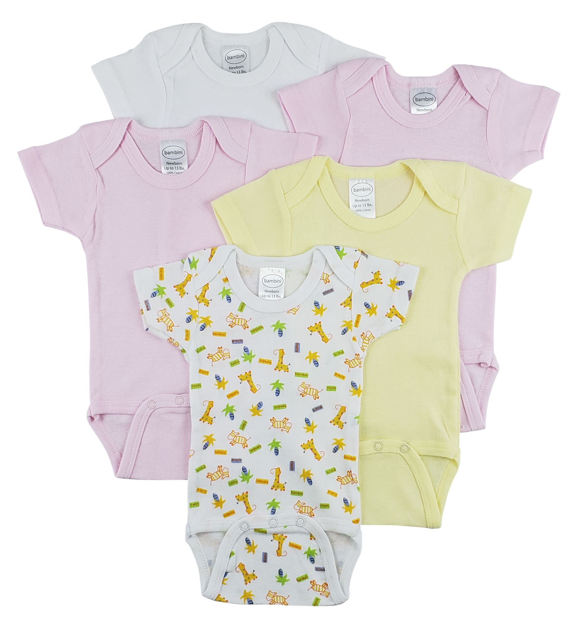 Bambini Short Sleeve One Piece 5 Pack featuring soft cotton fabric, expandable neckline, and front snap closure for easy dressing.