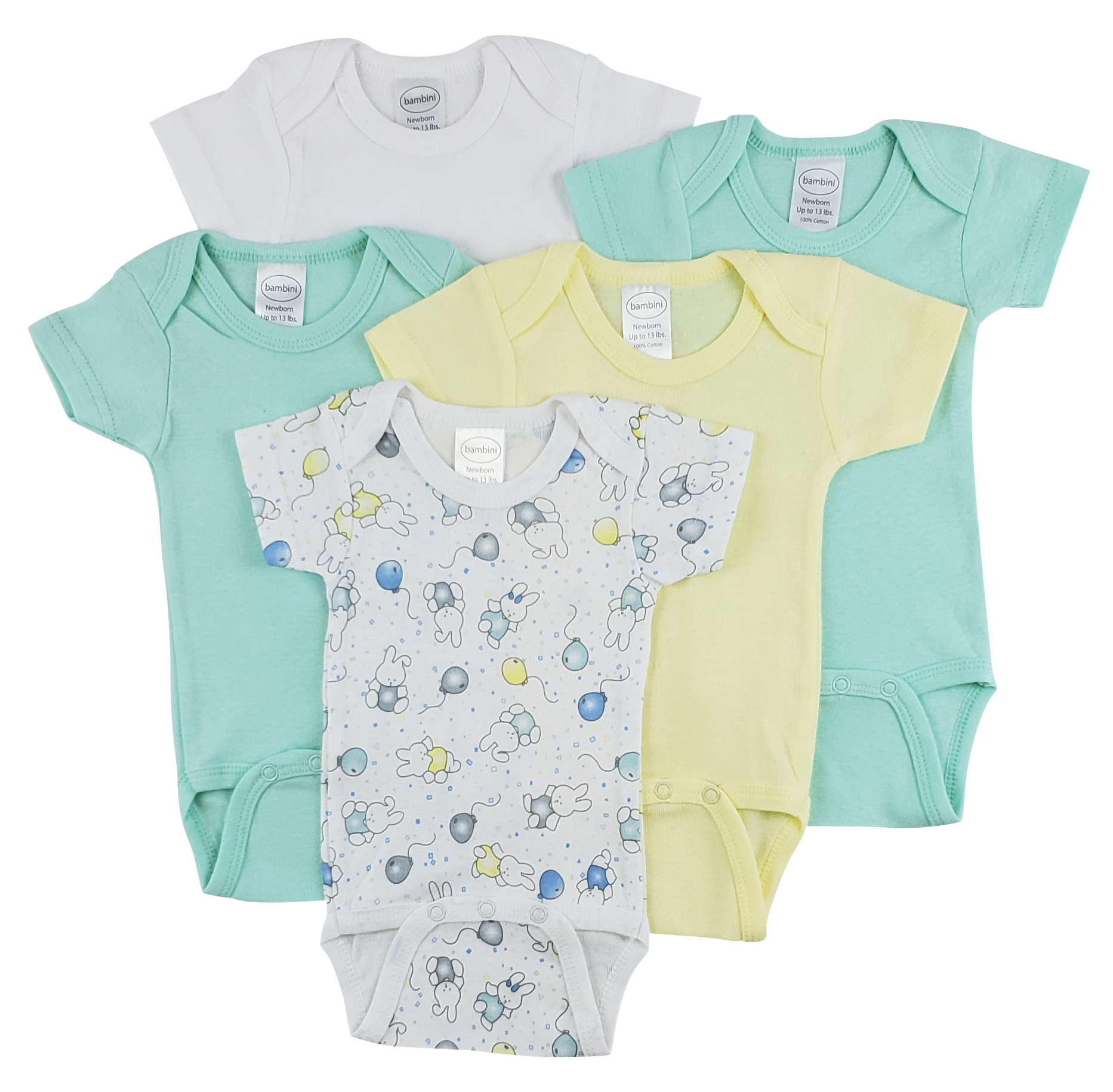 Bambini Short Sleeve One Piece 5 Pack featuring soft cotton fabric, expandable neckline, and front snap closure for easy dressing.