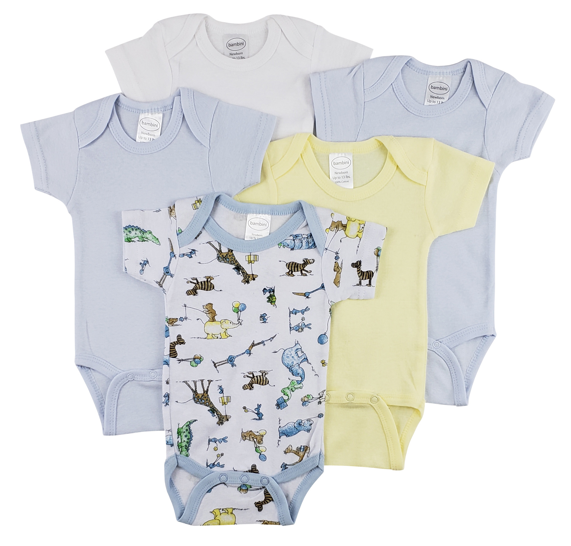 Bambini Short Sleeve One Piece 5 Pack featuring soft cotton fabric, expandable neckline, and front snap closure for easy dressing.