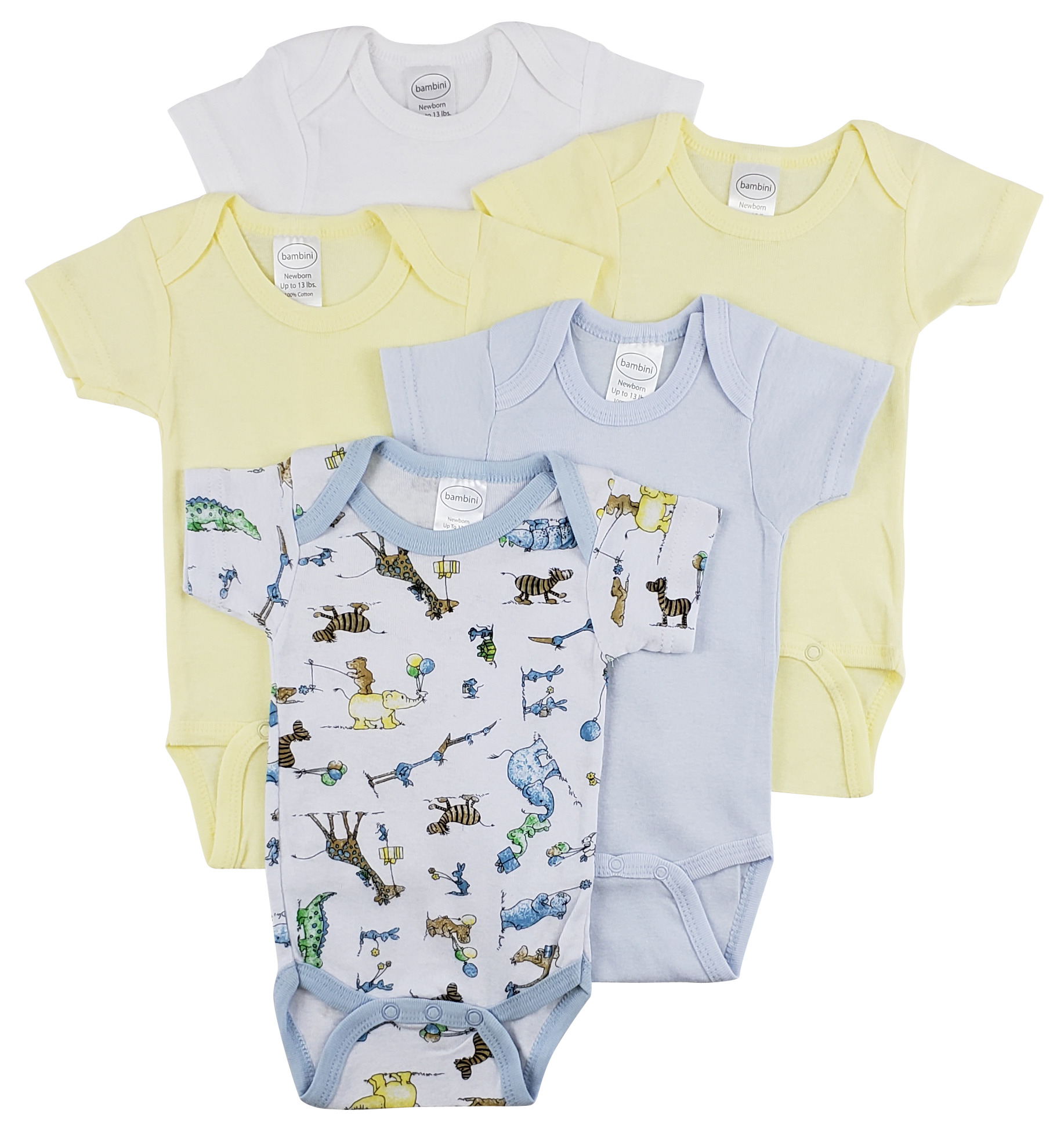 Bambini Short Sleeve One Piece 5 Pack featuring soft white cotton fabric, expandable neckline, and front snap closure for easy dressing.