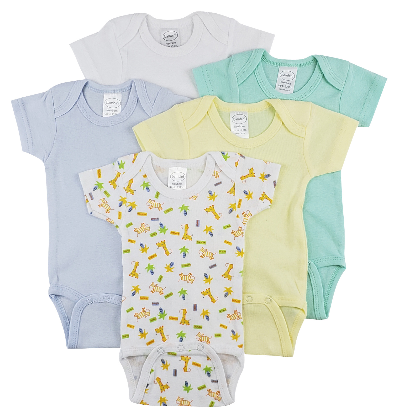 Bambini Short Sleeve One Piece 5 Pack featuring soft white cotton fabric, designed for comfort and easy dressing for babies.