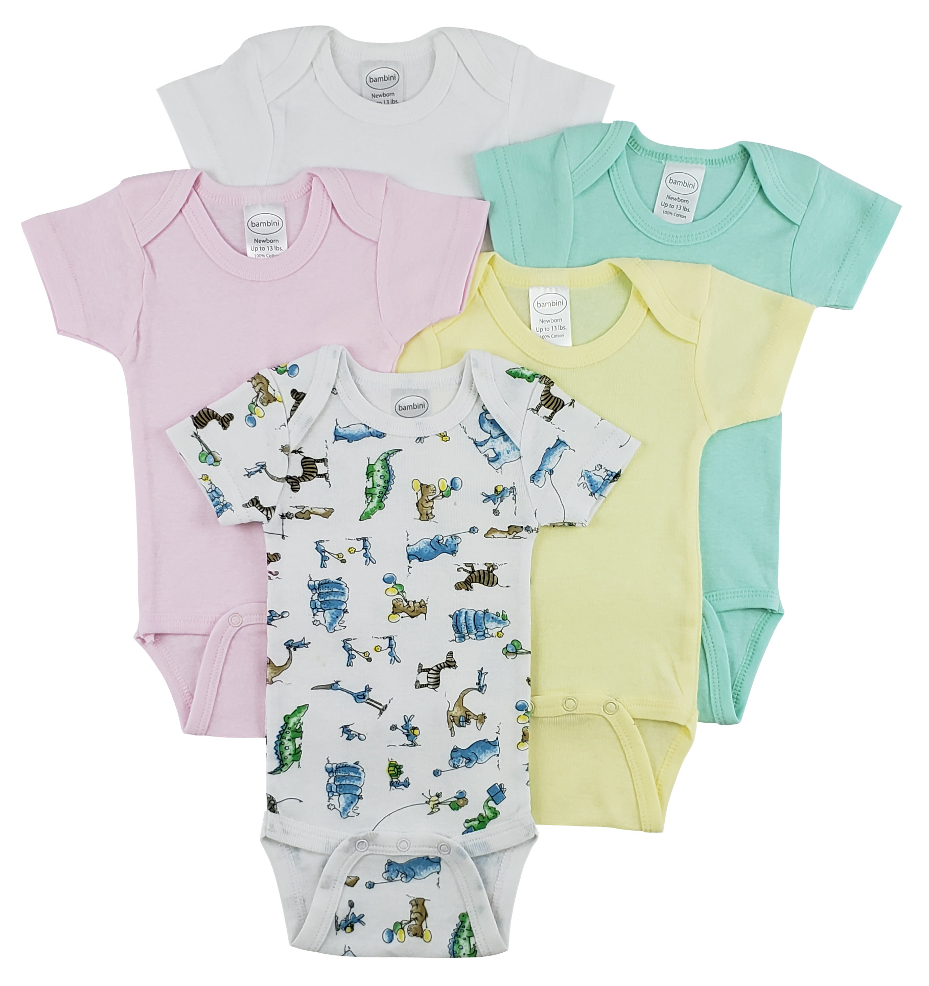 Bambini Short Sleeve One Piece 5 Pack featuring soft cotton fabric, expandable neckline, and convenient snap closures in a variety of sizes.