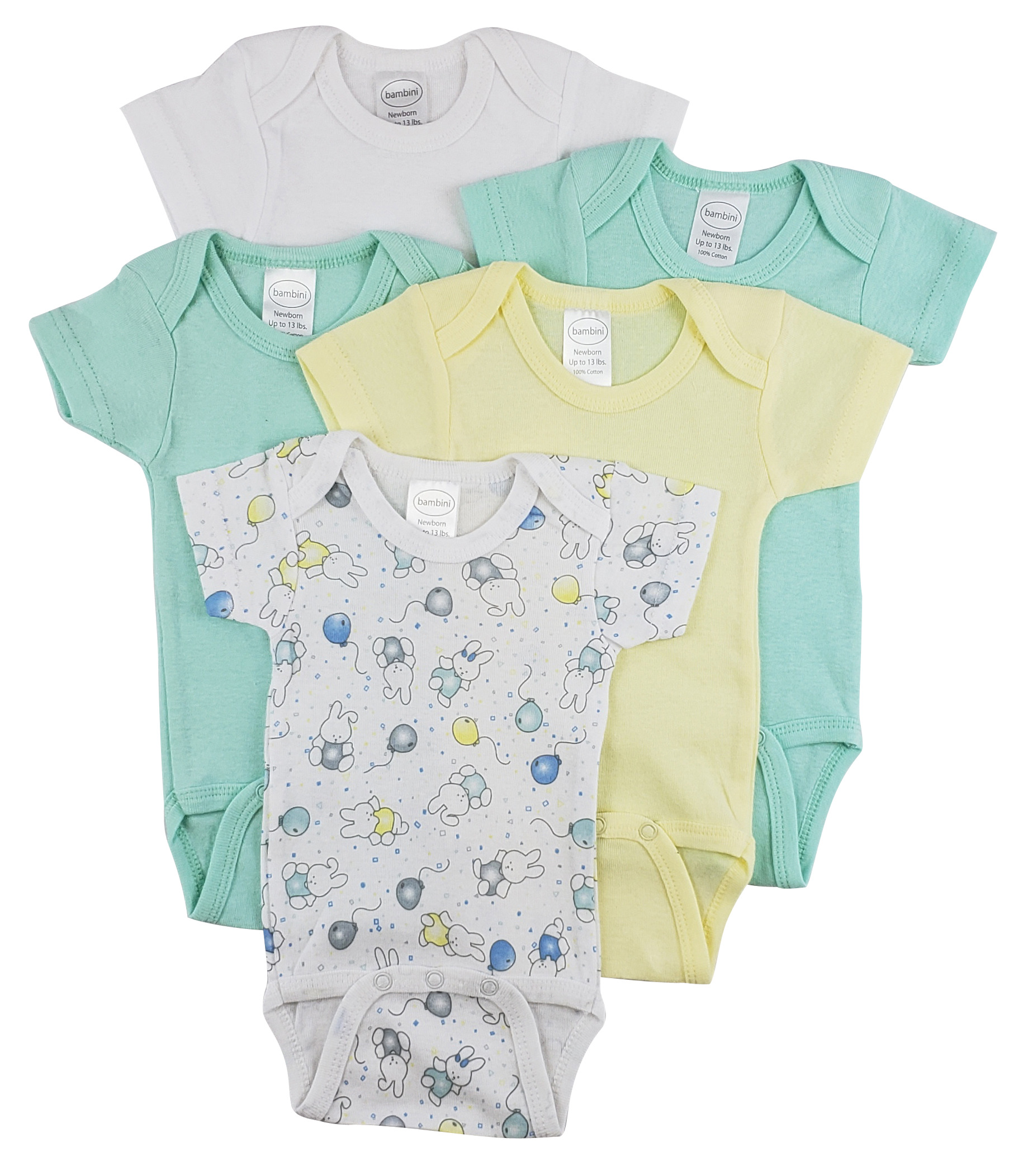 Bambini Short Sleeve One Piece 5 Pack featuring soft white cotton fabric, expandable neckline, and front snap closure for easy dressing.