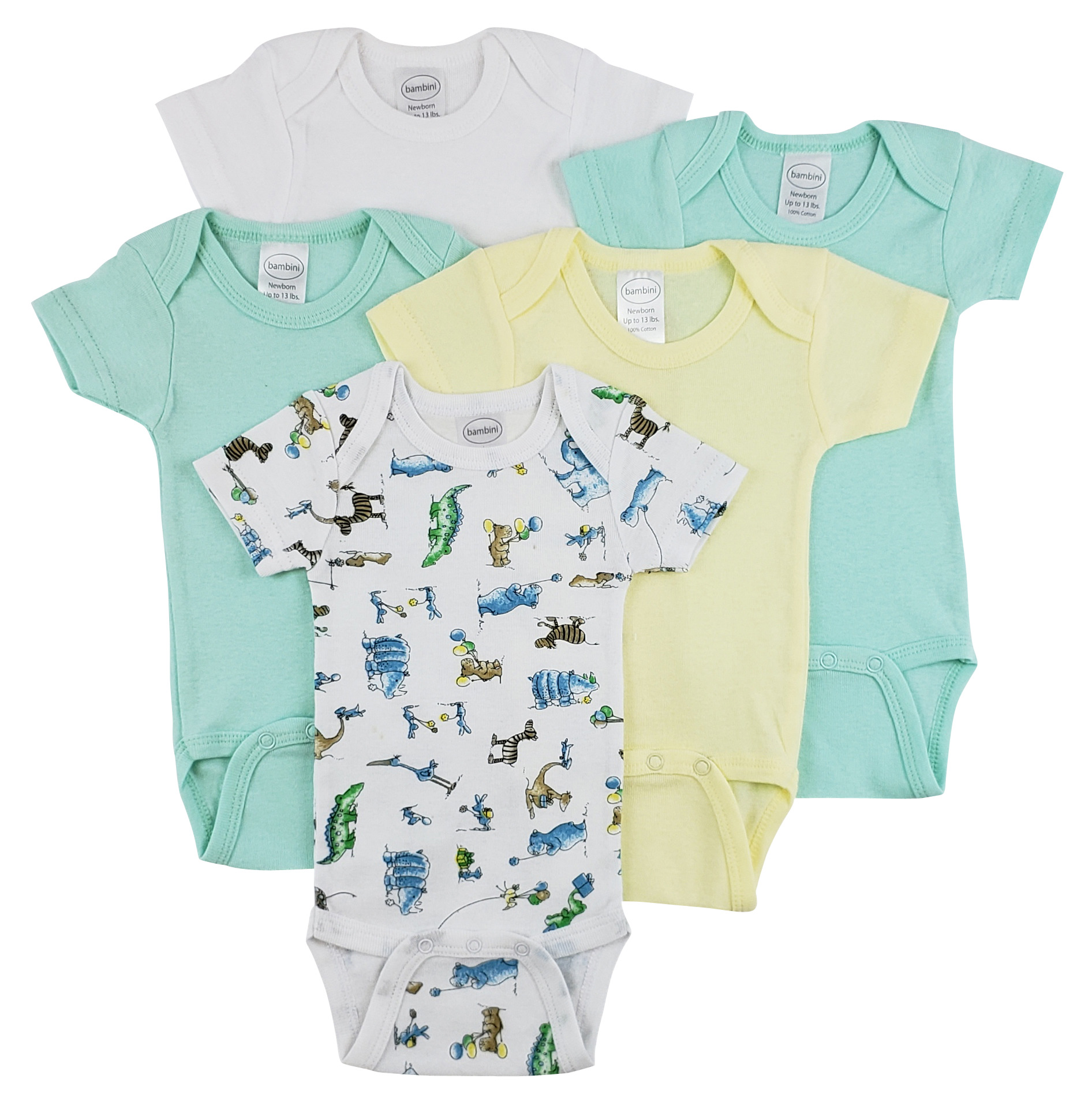 Bambini Short Sleeve One Piece 5 Pack featuring soft cotton fabric, expandable neckline, and snap closure for easy dressing.