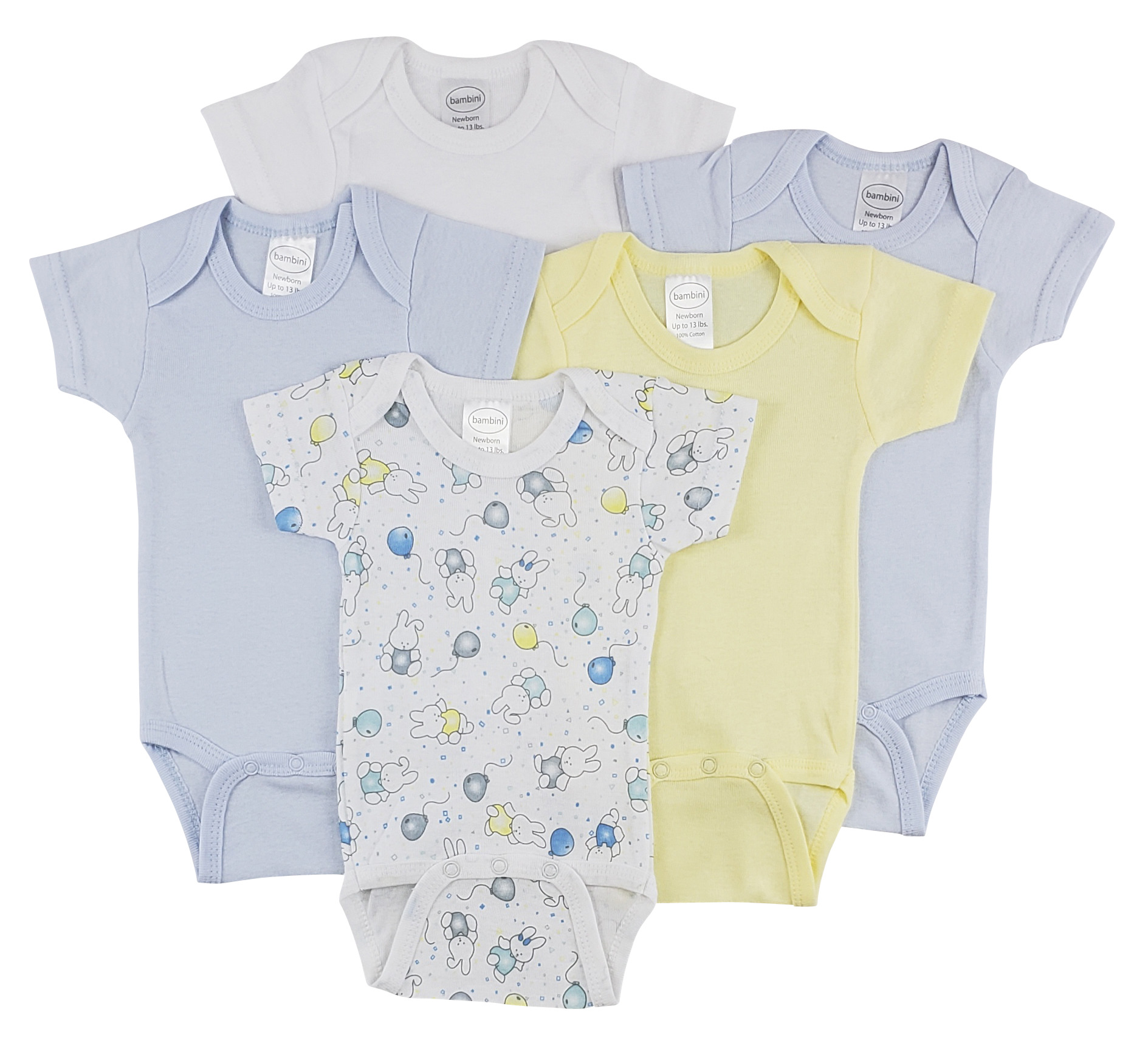 Bambini Short Sleeve One Piece 5 Pack featuring soft cotton fabric, expandable neckline, and front snap closure for easy dressing.