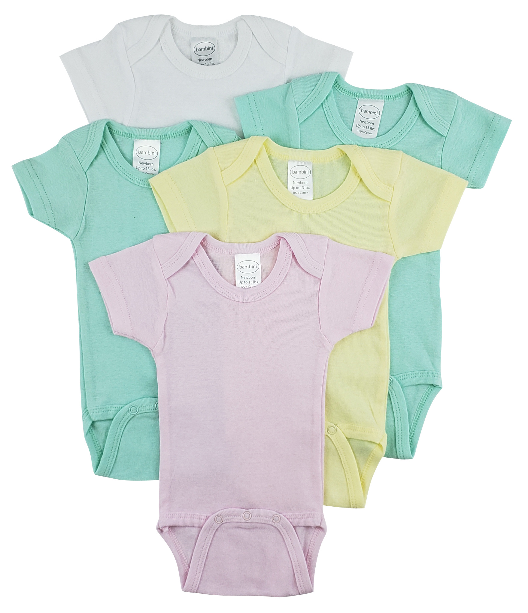 Bambini Short Sleeve One Piece 5 Pack featuring soft cotton fabric, expandable neckline, and front snap closure for easy dressing.