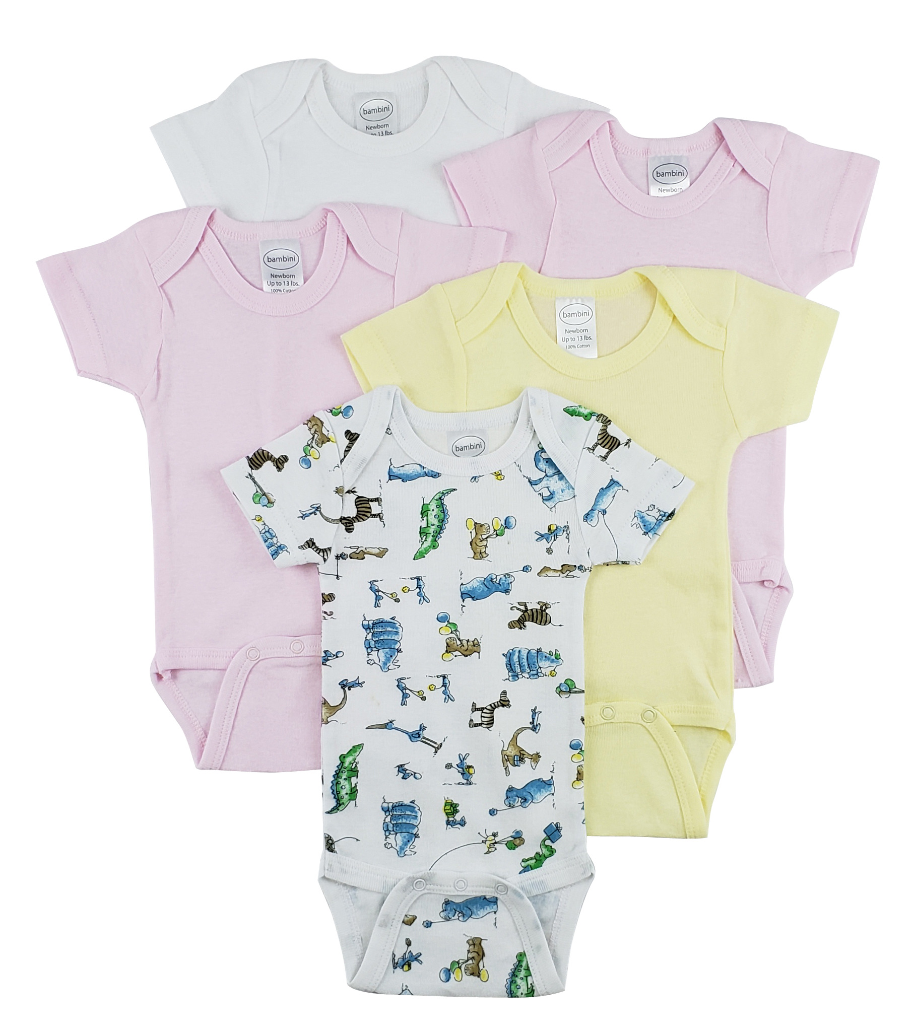 Bambini Short Sleeve One Piece 5 Pack featuring soft white cotton rib knit fabric, ideal for baby comfort and mobility.