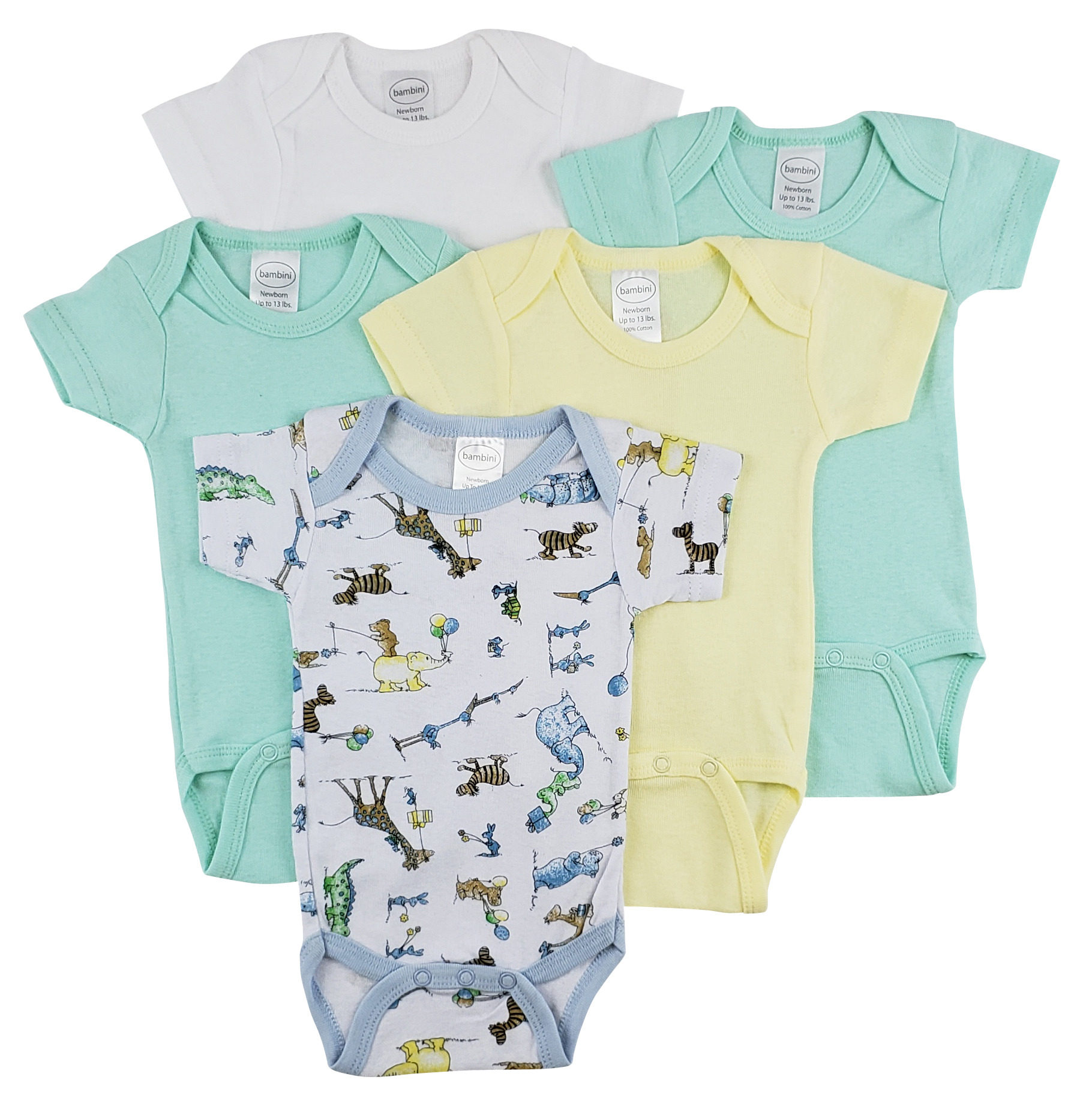 Bambini Short Sleeve One Piece 5 Pack featuring soft cotton fabric, expandable neckline, and front snap closure for easy dressing.