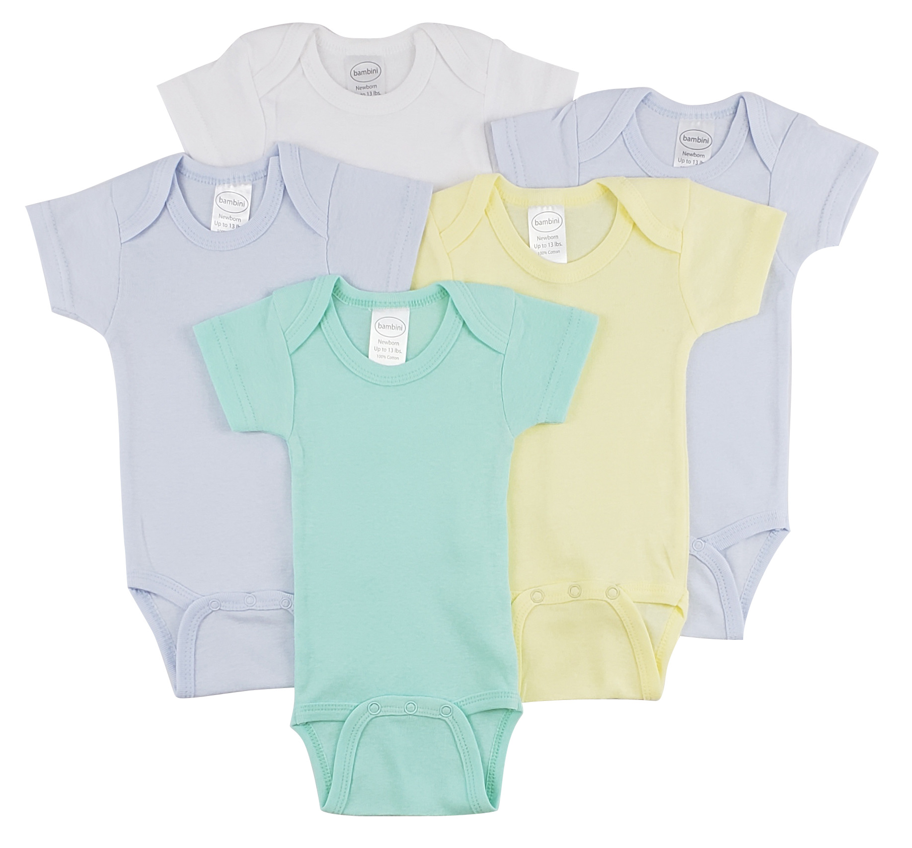 Bambini Short Sleeve One Piece 5 Pack featuring soft cotton fabric, expandable neckline, and front snap closure for easy dressing.