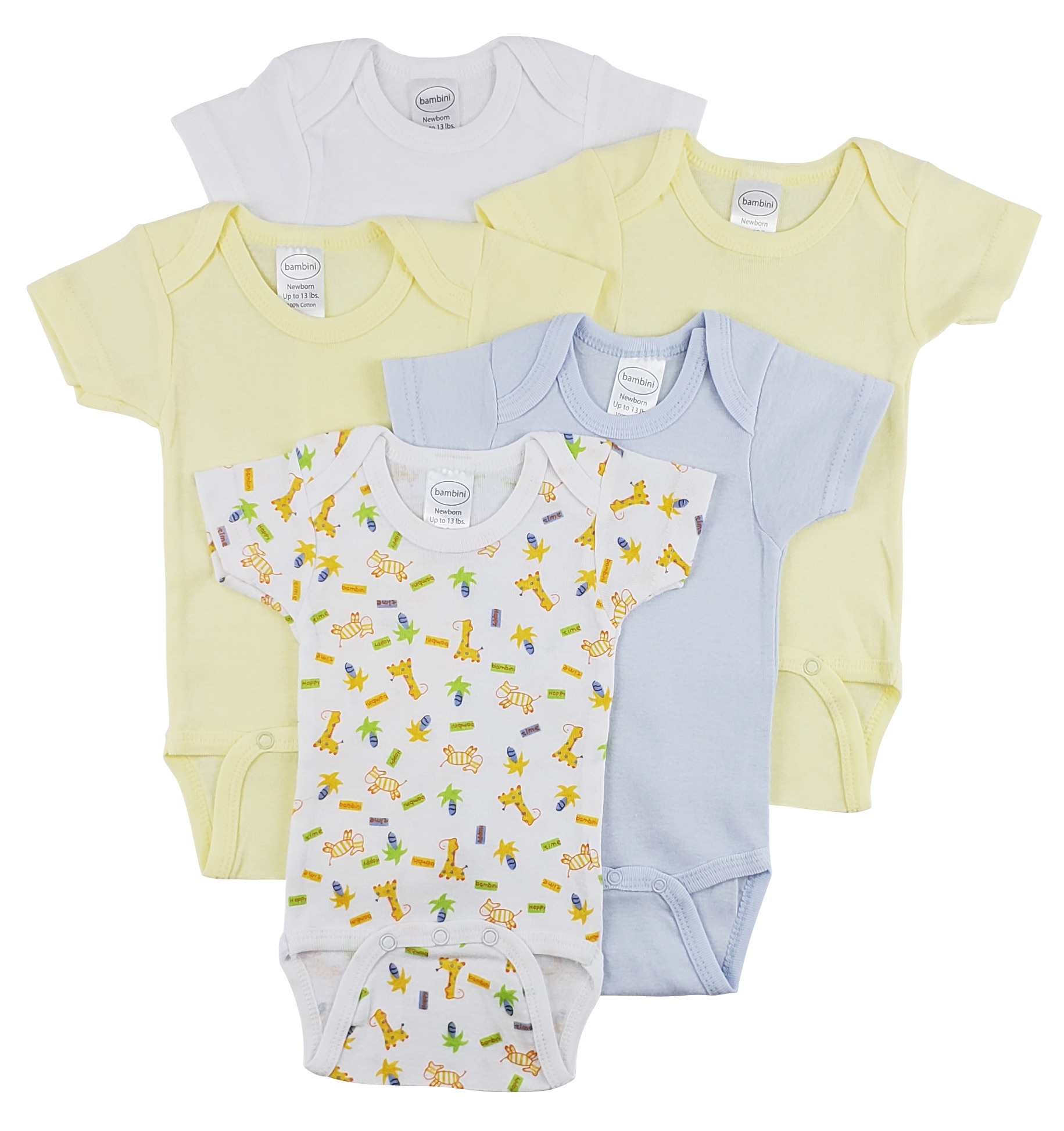 Bambini Short Sleeve One Piece 5 Pack featuring soft cotton fabric, expandable neckline, and convenient snap closure for easy dressing.