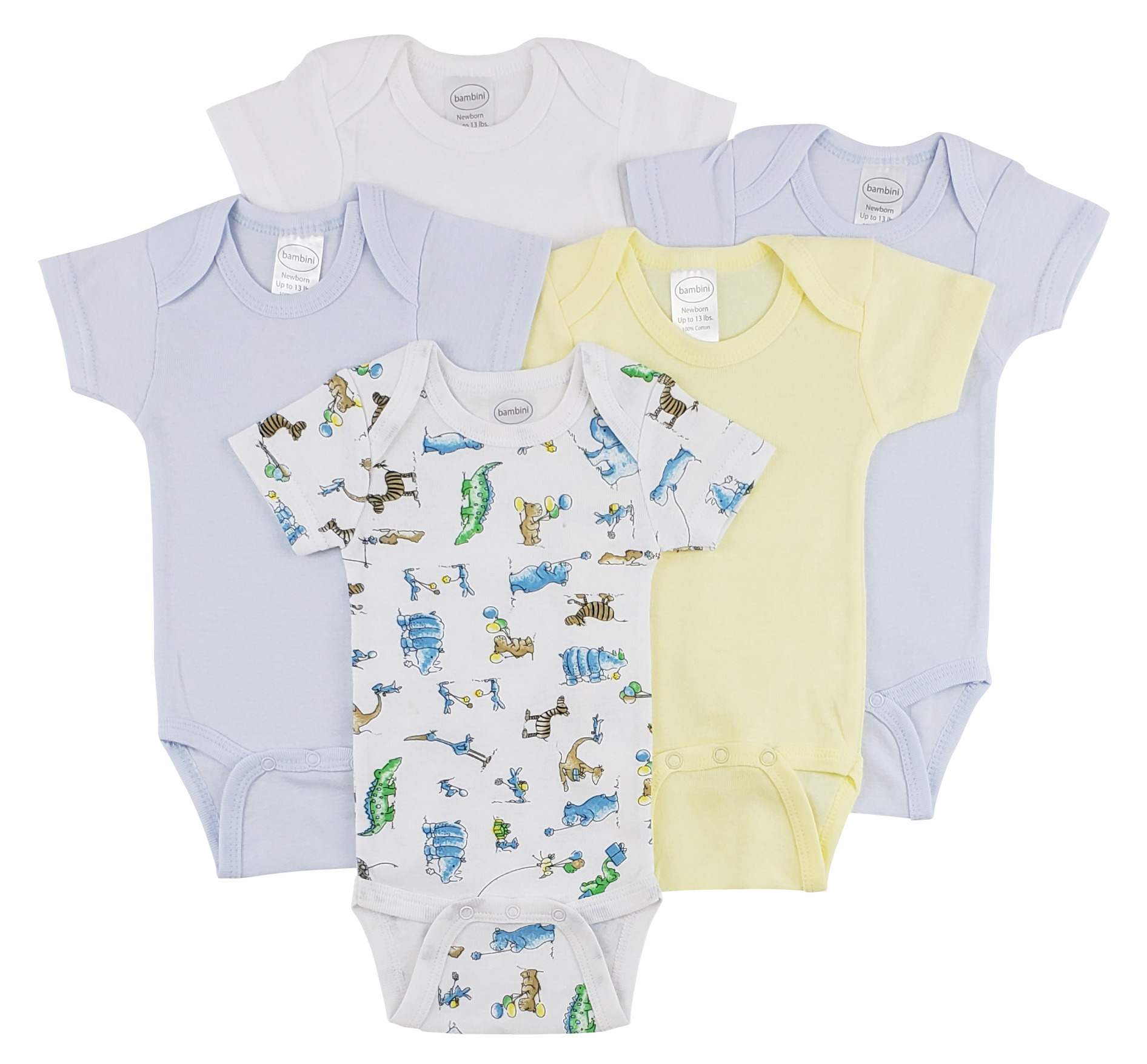 Bambini Short Sleeve One Piece 5 Pack featuring soft white cotton fabric, expandable neckline, and front snap closure for easy dressing.