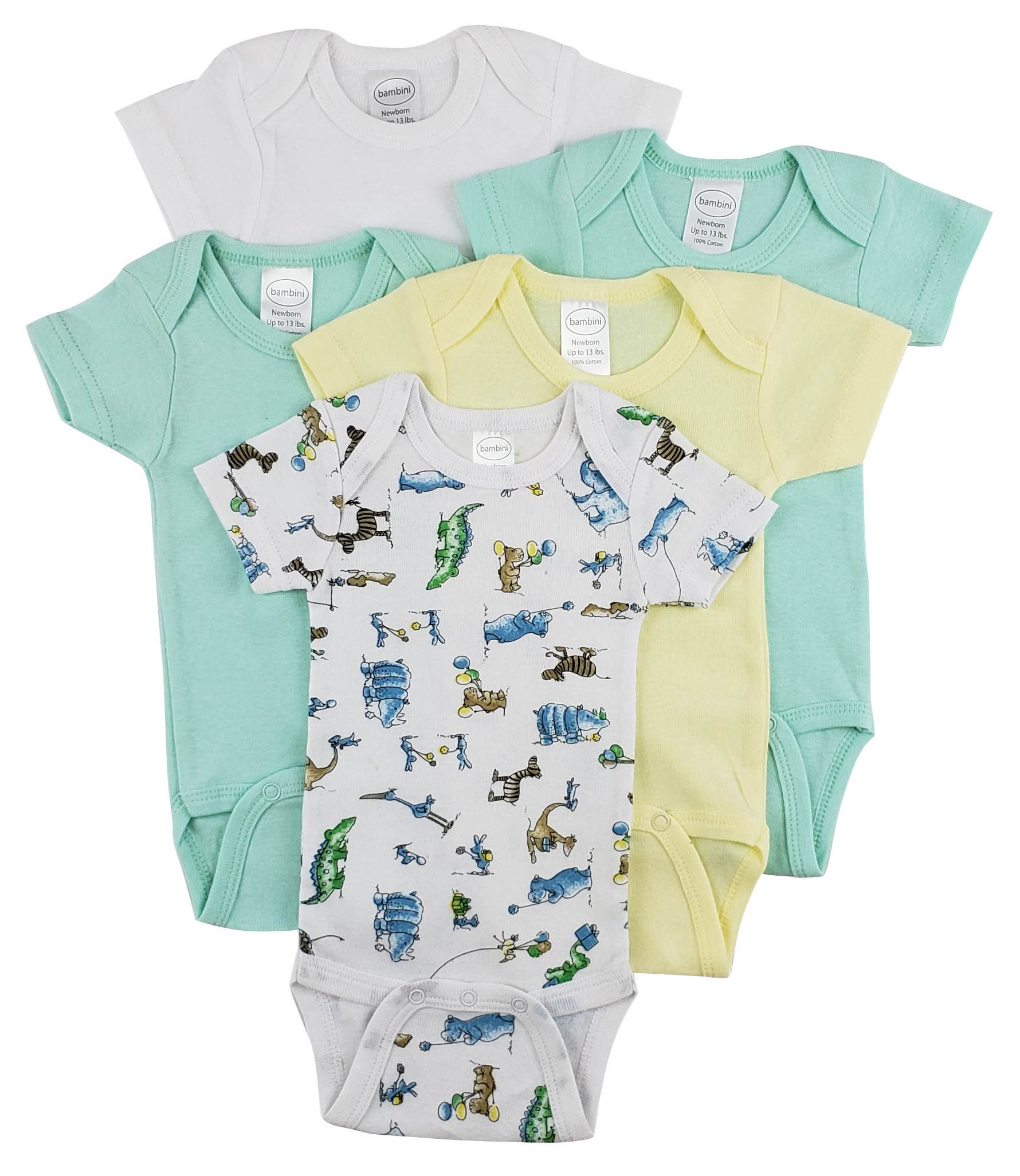 Bambini Short Sleeve One Piece 5 Pack featuring soft white cotton fabric, expandable neckline, and convenient snap closures for easy dressing.