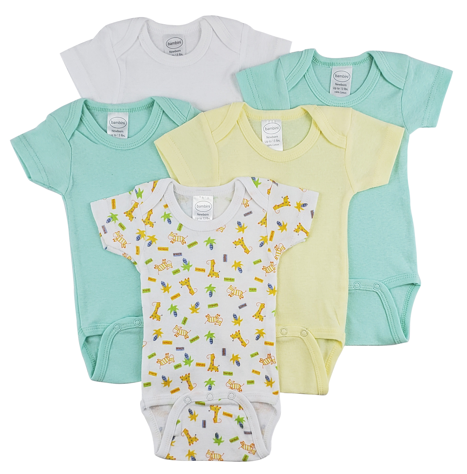 Bambini Short Sleeve One Piece 5 Pack featuring soft cotton fabric, expandable neckline, and front snap closure for easy dressing.