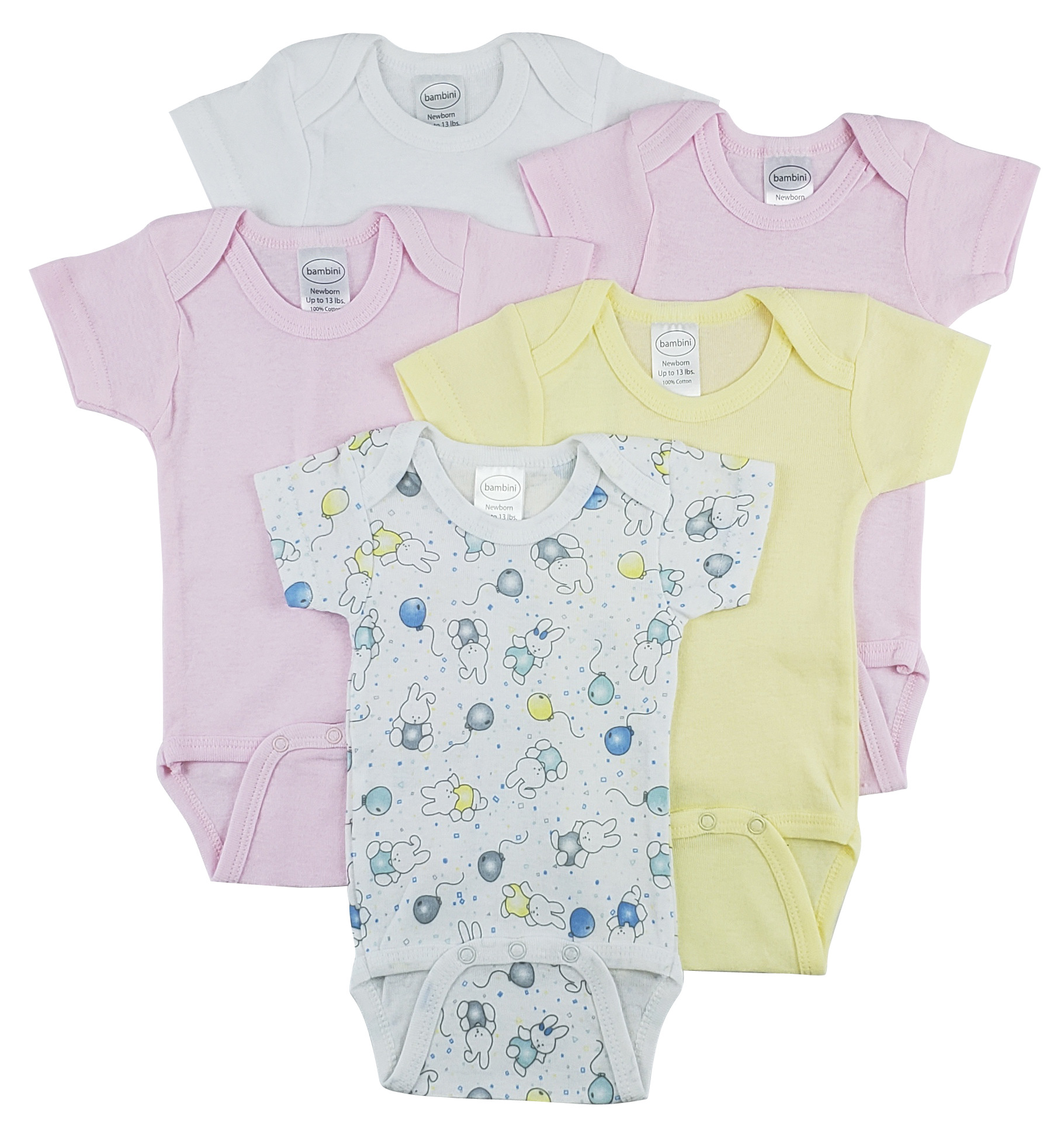 Bambini Short Sleeve One Piece 5 Pack featuring soft cotton fabric, expandable neckline, and front snap closure for easy dressing.