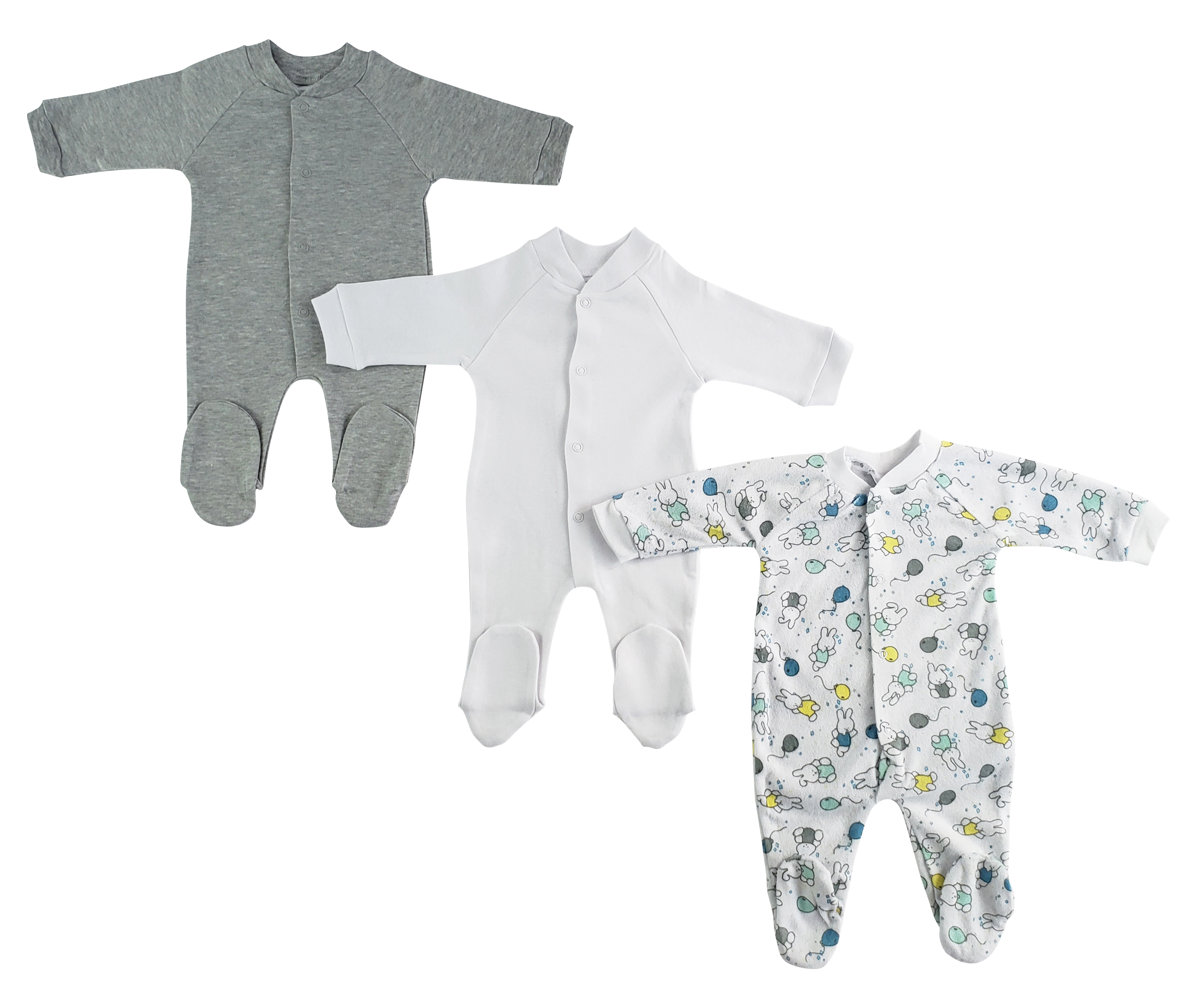 Bambini Sleep & Play long johns pack of 3 in assorted prints, featuring a soft cotton-polyester blend for baby comfort.