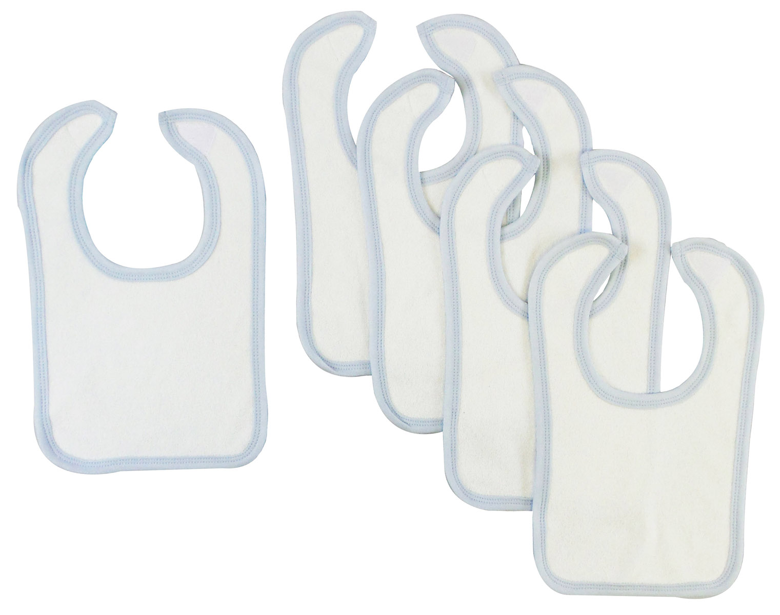 Bambini White Bib with Blue Trim, pack of 5, designed for infant boys, featuring hook and loop fasteners.