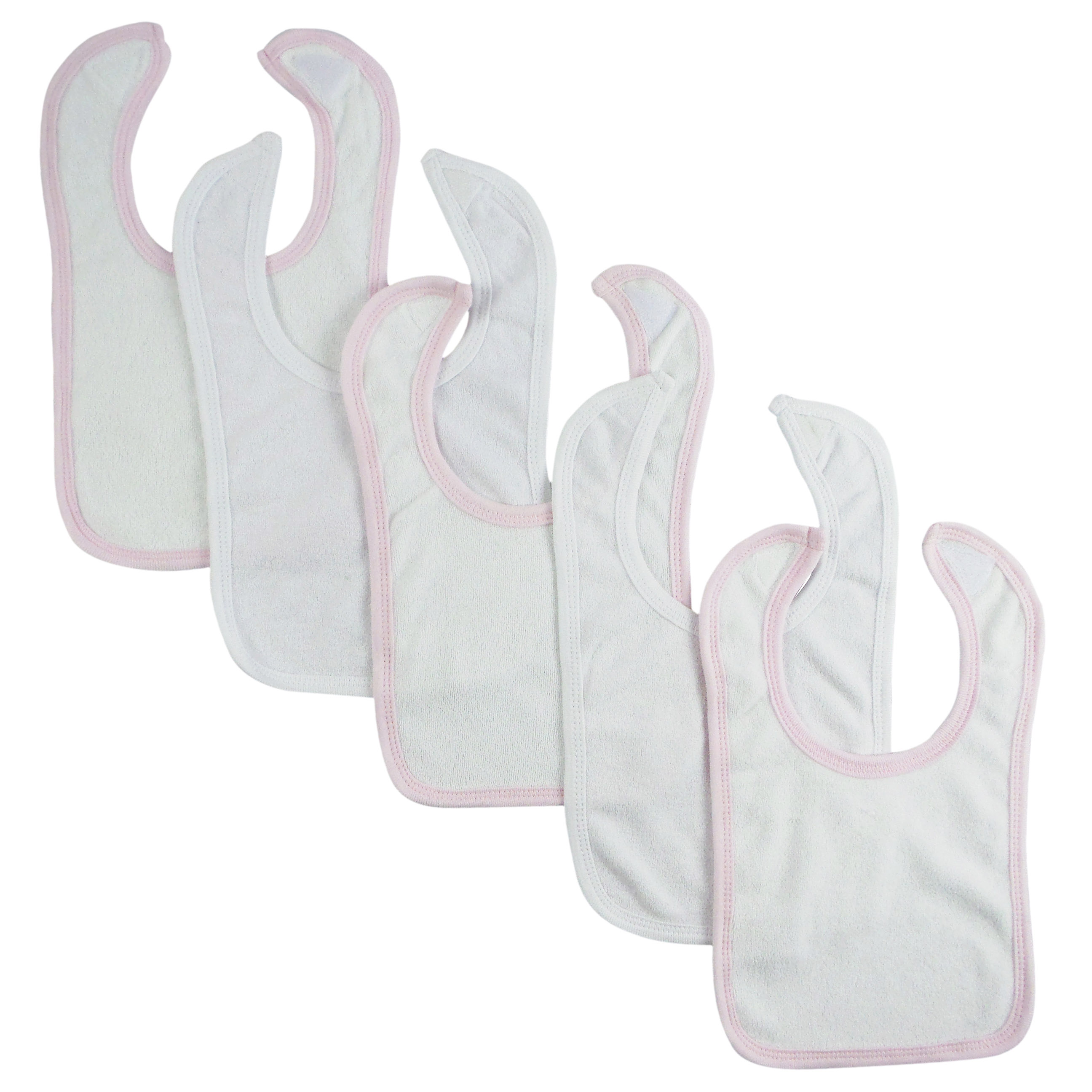 Bambini pack of 5 white bibs with pink and white trim, designed for infants, featuring hook and loop fasteners.