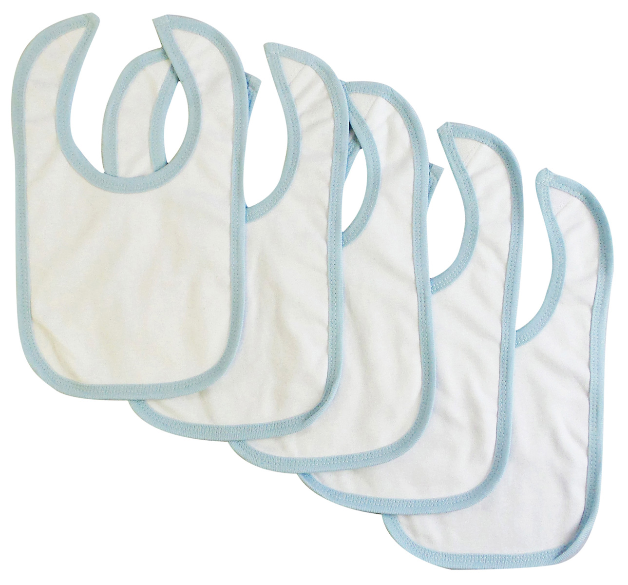 Bambini White Interlock Bibs with Blue Binding, pack of 5, designed for infants to prevent drooling and spills.