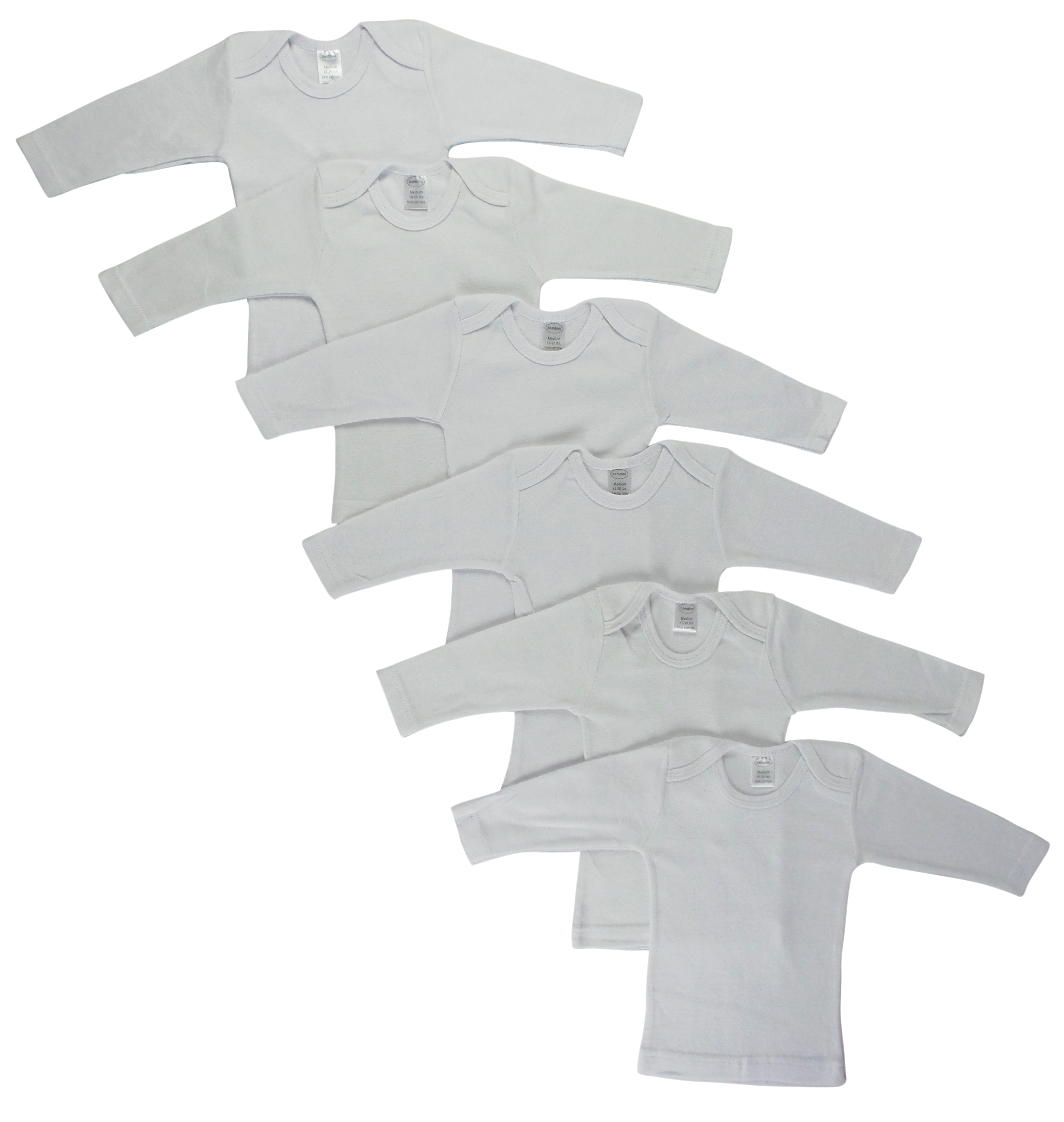 Bambini White Long Sleeve Lap T-shirts 6 Pack displayed on a flat surface, showcasing the soft cotton fabric and snap button shoulder design.