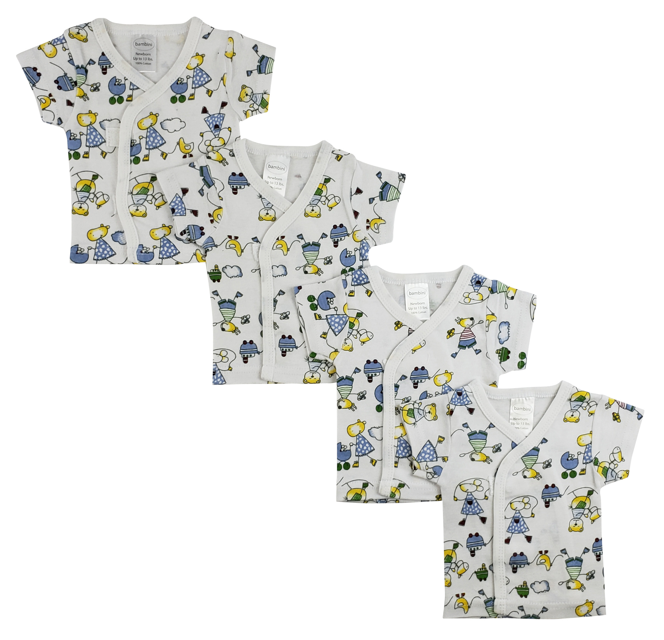 Bambini White Side Snap Short Sleeve Shirt - 4 Pack featuring soft cotton fabric and side-snap buttons for easy dressing.