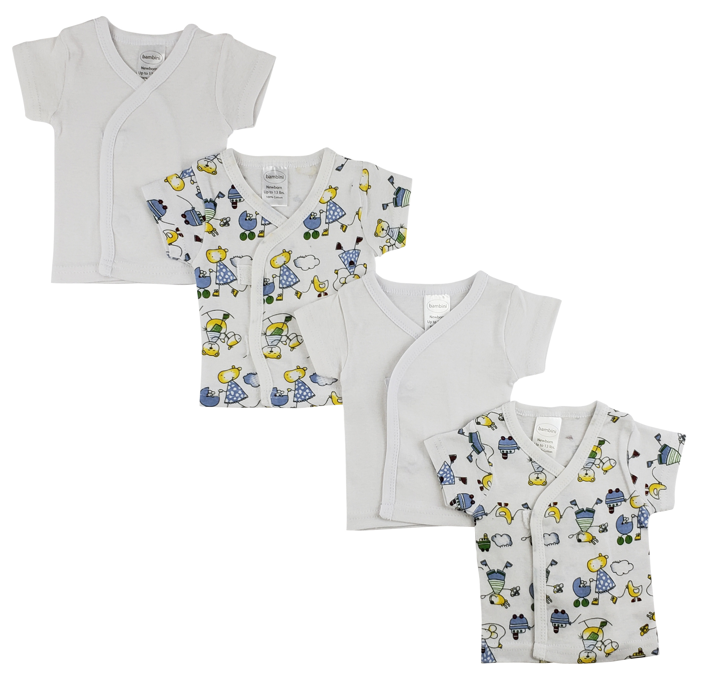 Bambini White Side Snap Short Sleeve Shirt - 4 Pack featuring soft cotton fabric and side snap buttons for easy dressing.