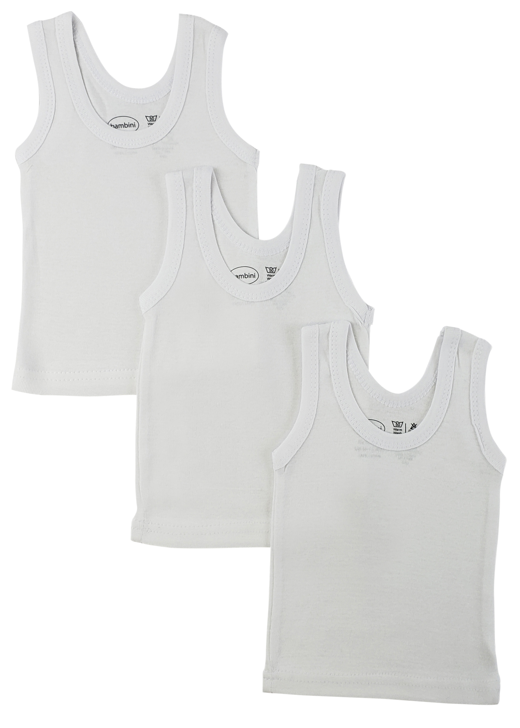 Bambini White Tank Top 3 Pack featuring soft cotton fabric, perfect for layering and warm weather wear.