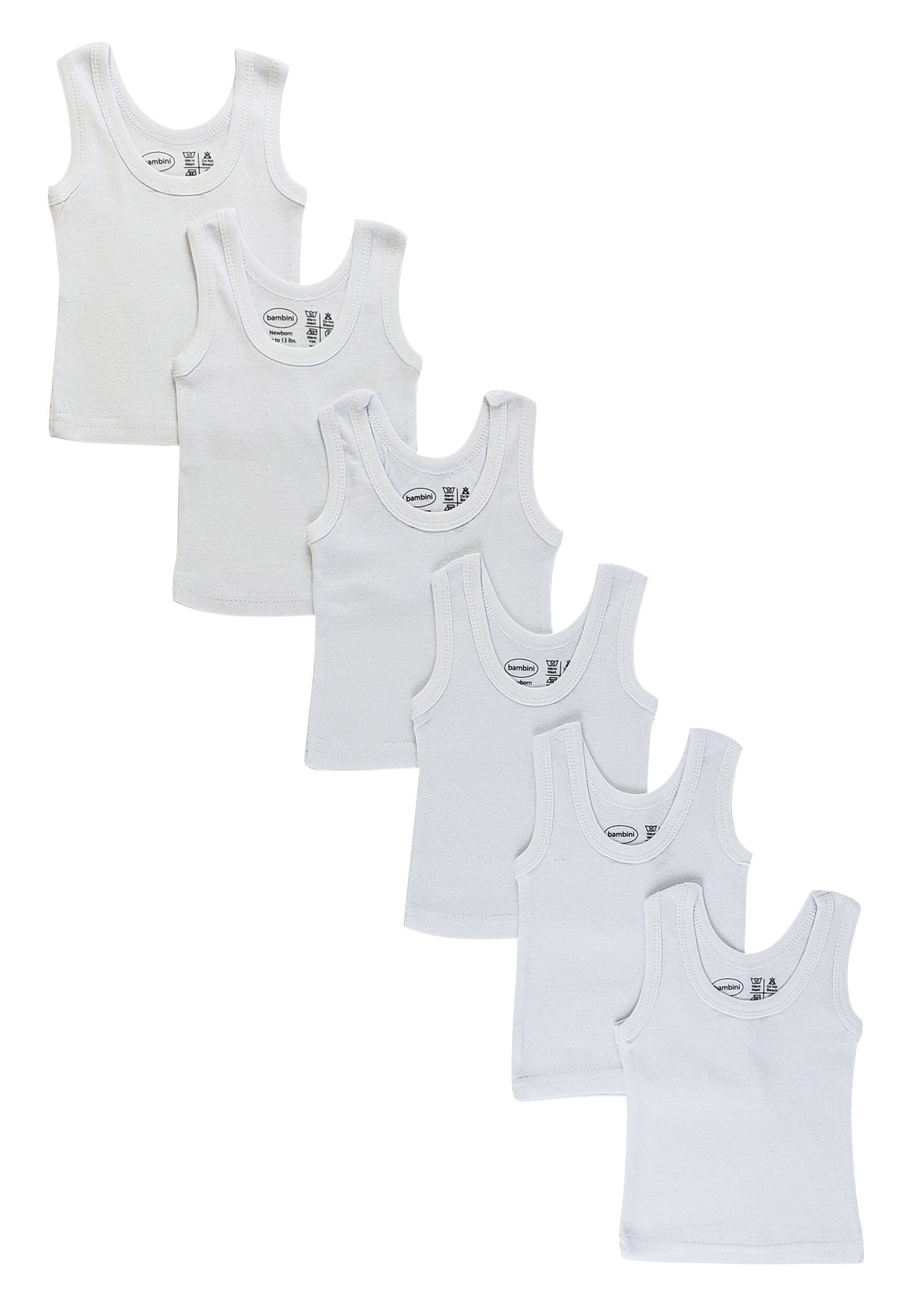 Bambini White Tank Top 6 Pack featuring soft cotton fabric, perfect for layering and warm weather wear.