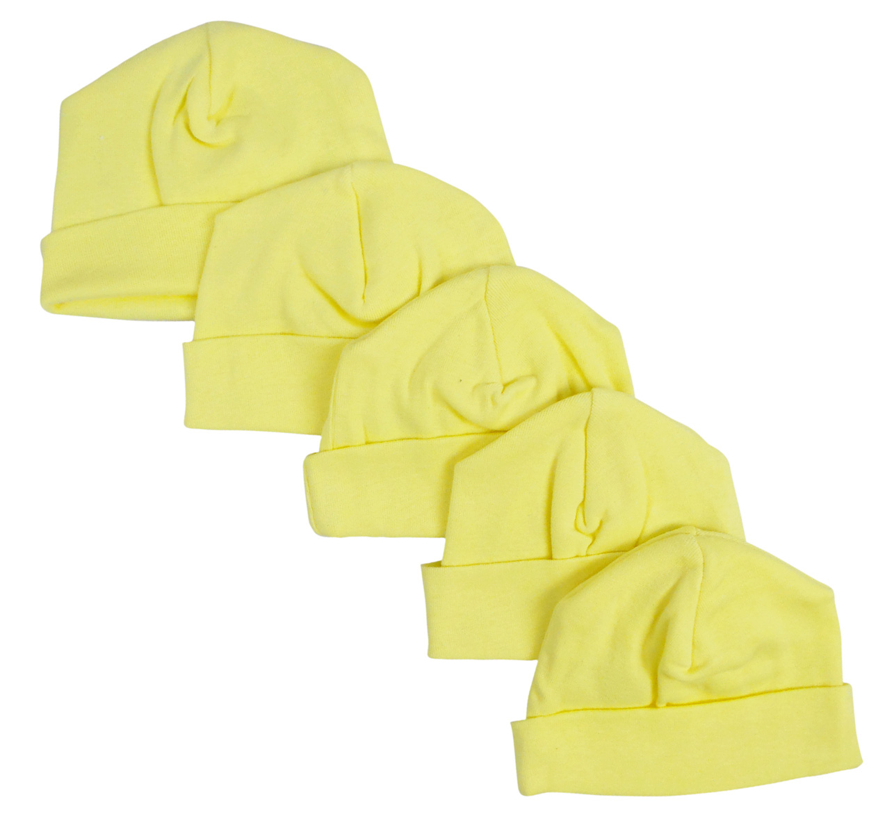 Bambini Yellow Baby Cap pack of 5, soft cotton beanies for infants in pastel yellow color, perfect for newborns.