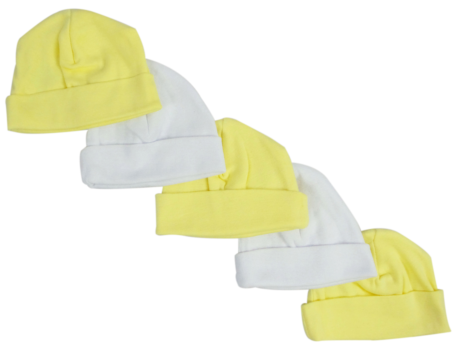 A pack of five Bambini yellow and white baby caps, showcasing their soft cotton material and stylish design.