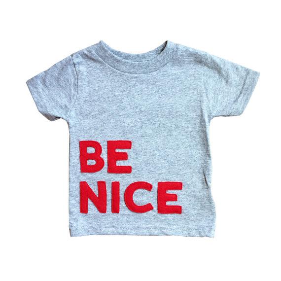 Gray kids t-shirt with 'BE NICE' message in eco felt appliqué, handmade and hand-stitched with love.