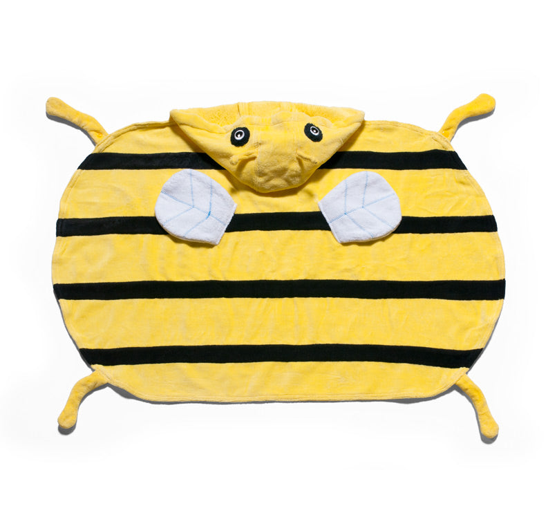 A soft, absorbent 100% cotton hooded towel for kids featuring an adorable bee design and a secure button closure.