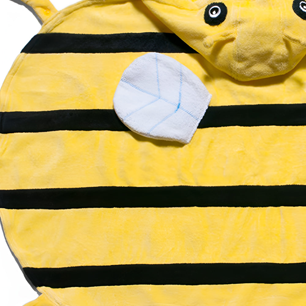 A soft, absorbent 100% cotton hooded towel for kids featuring an adorable bee design and a secure button closure.