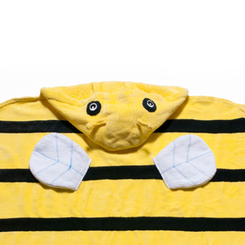 A soft, absorbent 100% cotton hooded towel for kids featuring an adorable bee design and a secure button closure.