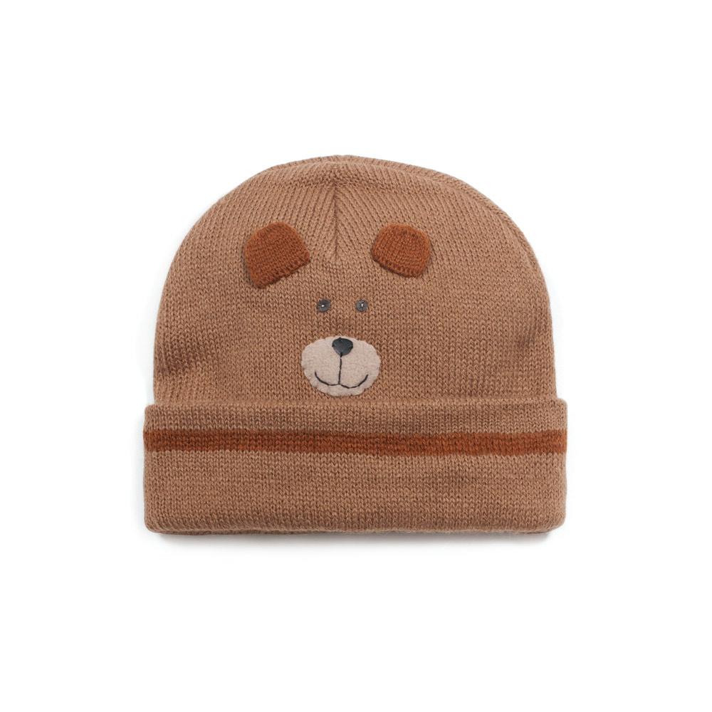 A cozy Bear Knit Hat made from lightweight acrylic, featuring a cute bear design, perfect for winter wear.