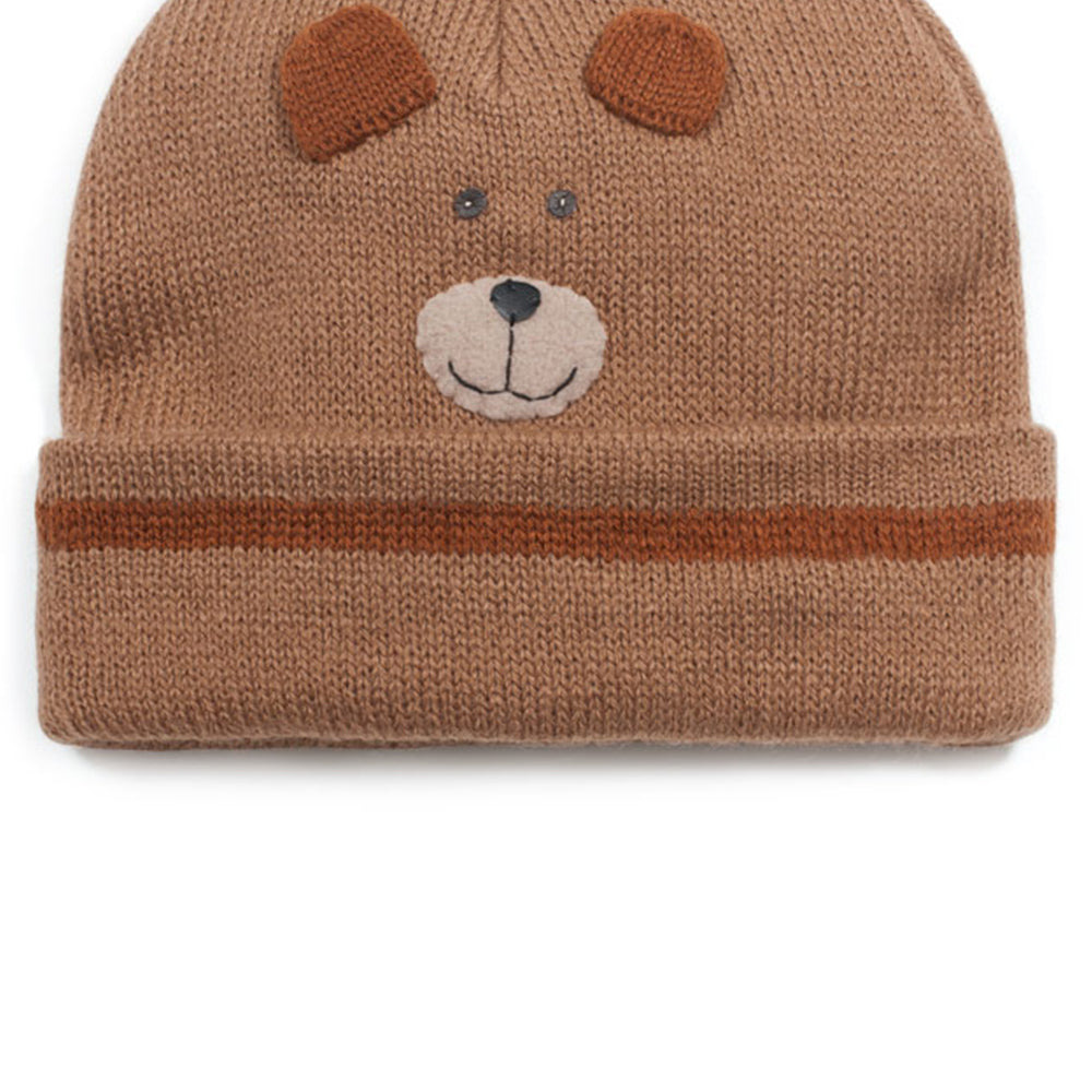 A cozy Bear Knit Hat made from lightweight acrylic, featuring a cute bear design, perfect for winter wear.