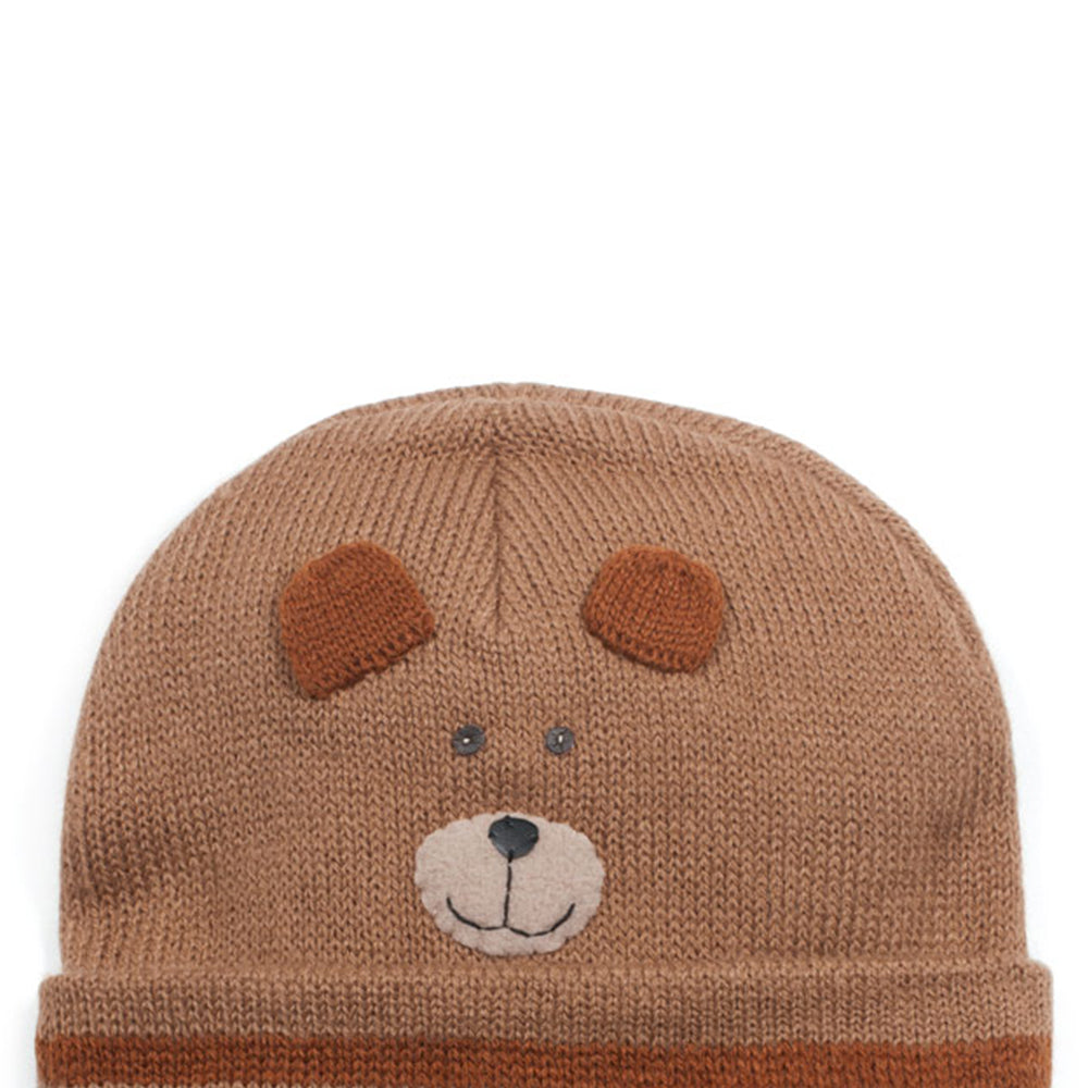 A cozy Bear Knit Hat made from lightweight acrylic, featuring a cute bear design, perfect for winter wear.