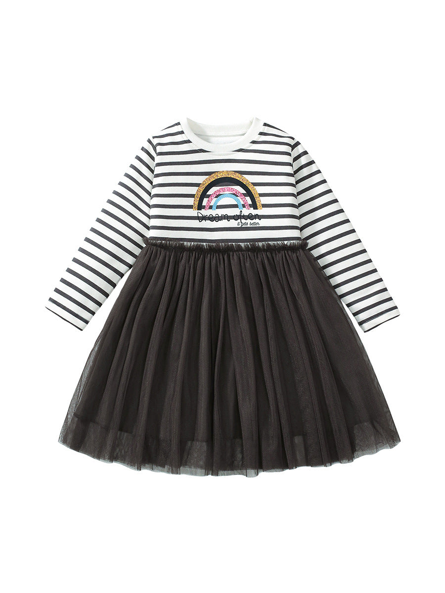 A stylish crew neck long sleeve top for girls featuring a vibrant rainbow and striped pattern, made from soft cotton material.