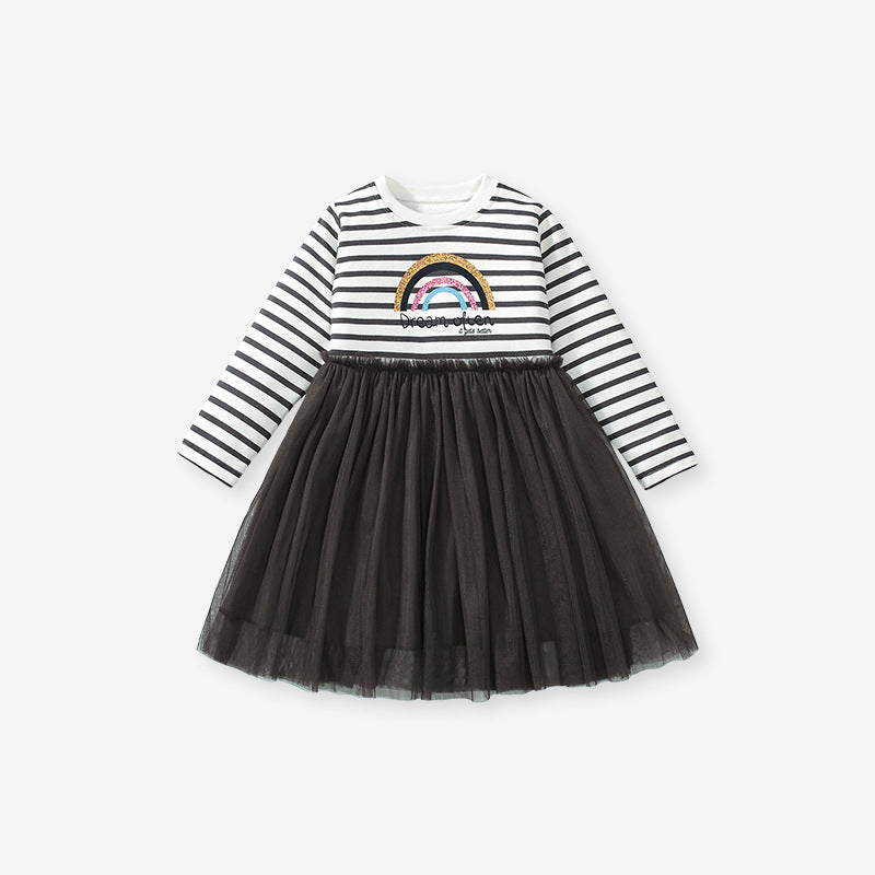 A stylish crew neck long sleeve top for girls featuring a vibrant rainbow and striped pattern, made from soft cotton material.