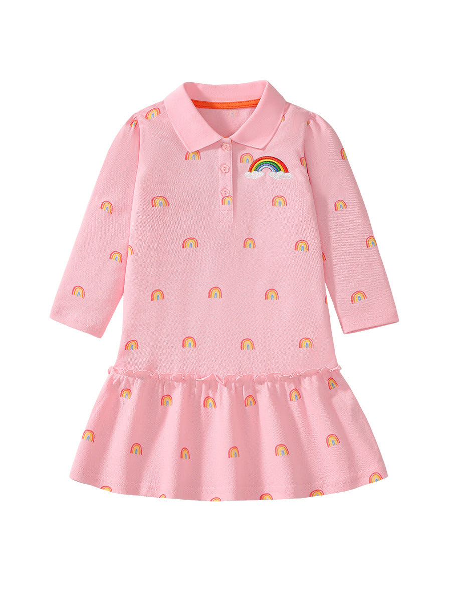 A pink long shirt for girls featuring a colorful rainbow pattern and a stylish turn-down collar, perfect for autumn wear.